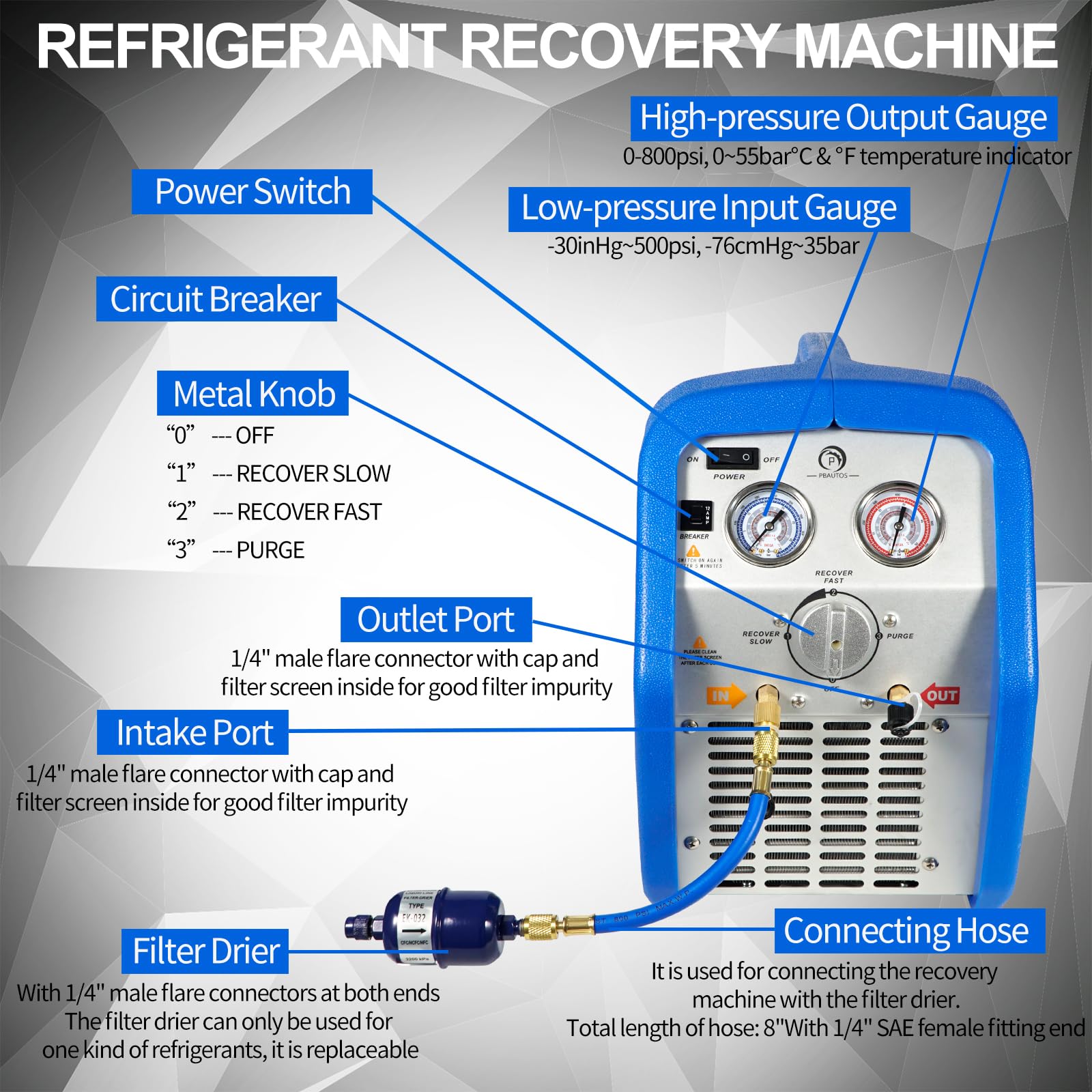 Máquina de recuperación de refrigerante de un solo cilindro de 3/4 HP, unidad de reciclaje de freón portátil de 110 V 60 Hz para refrigerante líquido y de vapor, para sistema de aire