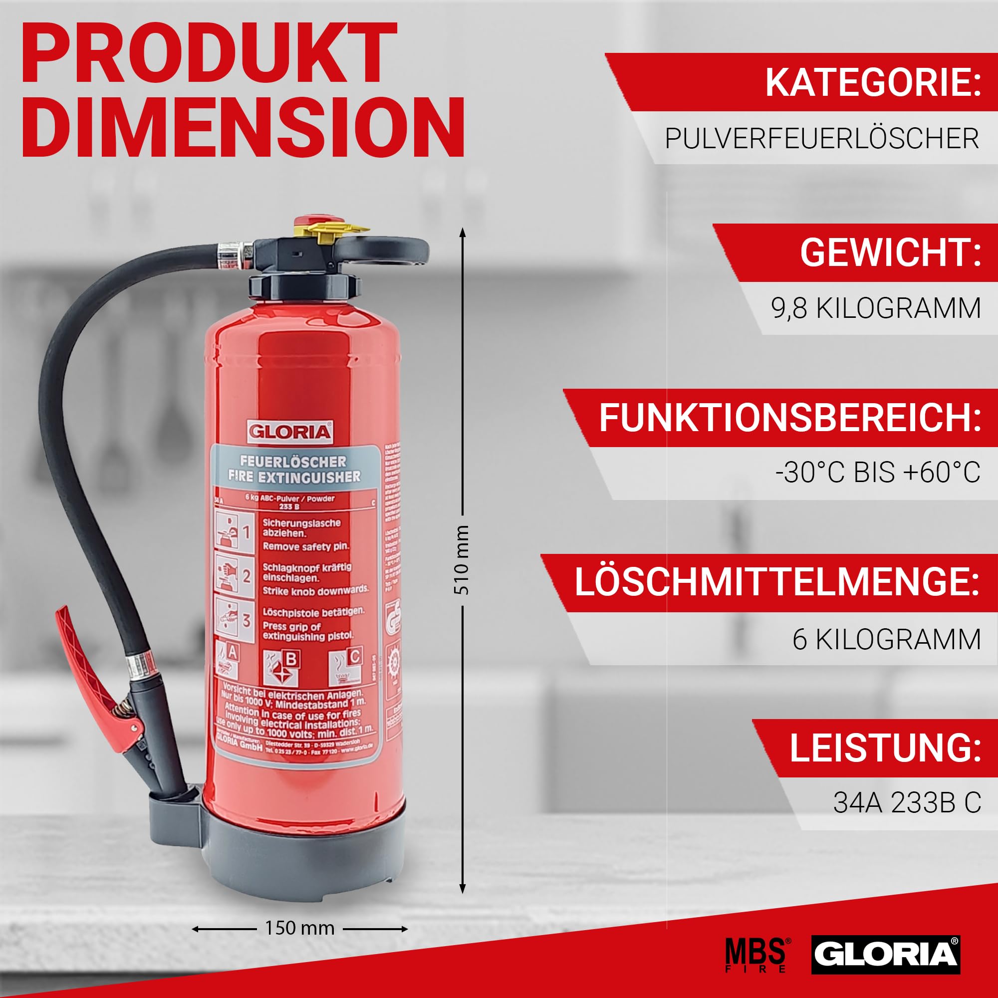 Gloria P6PRO – 6 kg Auflade-Pulver Feuerlöscher (ABC) mit Wandhalter – inkl. Instandhaltungsnachweis und aktueller Prüfplakette