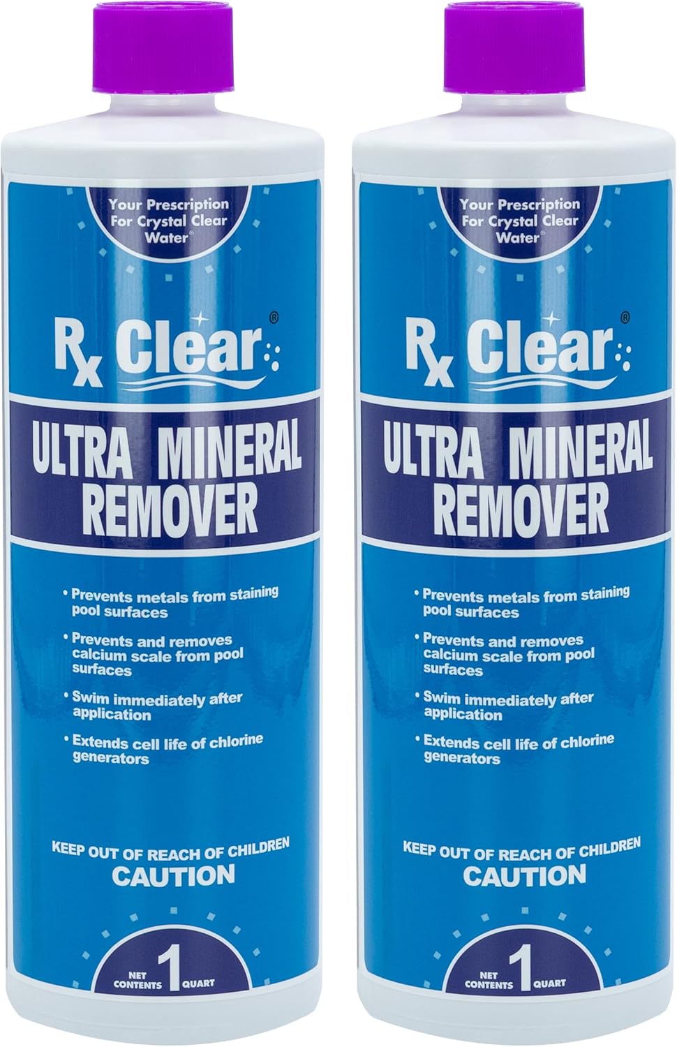 Rx Clear Ultra Mineral Remover | Prevents Scaling and Staining | Strong Environmentally Safe Non-Toxic Formula | Ultimate Prescription for a Crystal Clear Swimming Pool | 1 Quart Bottles | 2 Pack