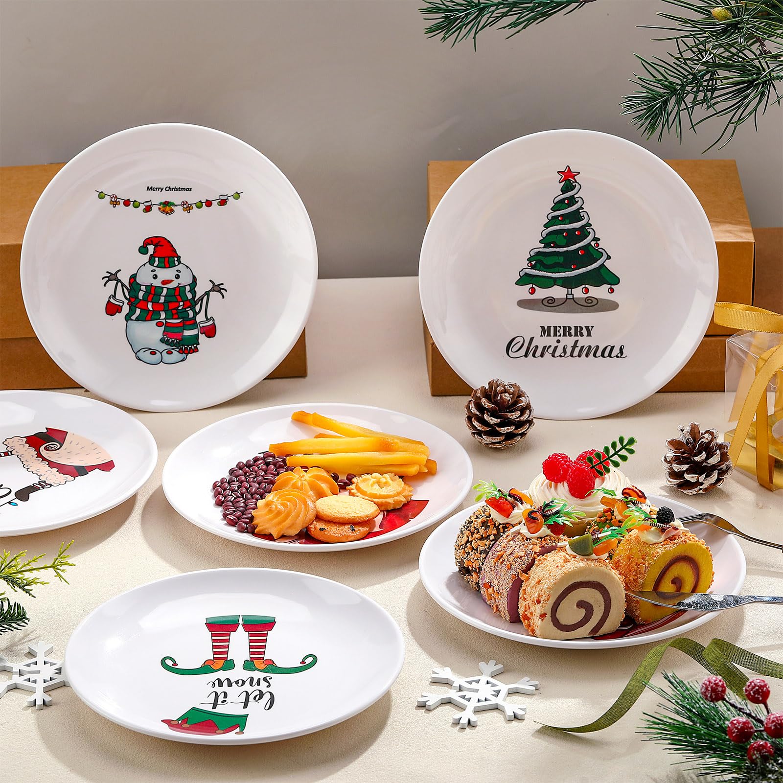 6 piatti natalizi in melammina, riutilizzabili, 20 cm, piatti rotondi a tema natalizio, set da tavola per insalata, pasta, Natale, feste di compleanno, regali
