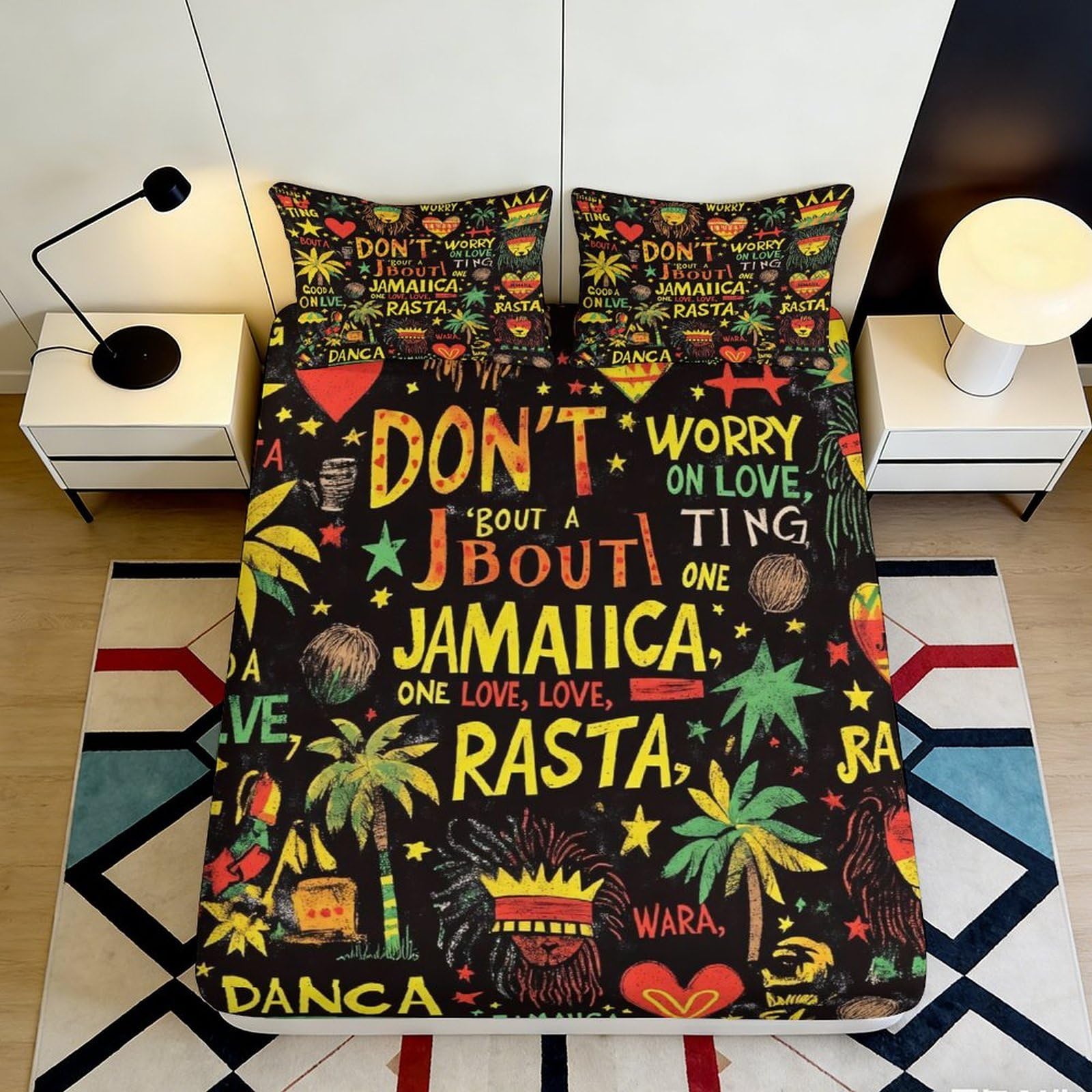 3D Printed Reggae Jamaica Fitted Sheet Microfiber Anti-Slip Rasta Typography Bed Cover for Bedroom Guest Room Decor 90x200x25cm