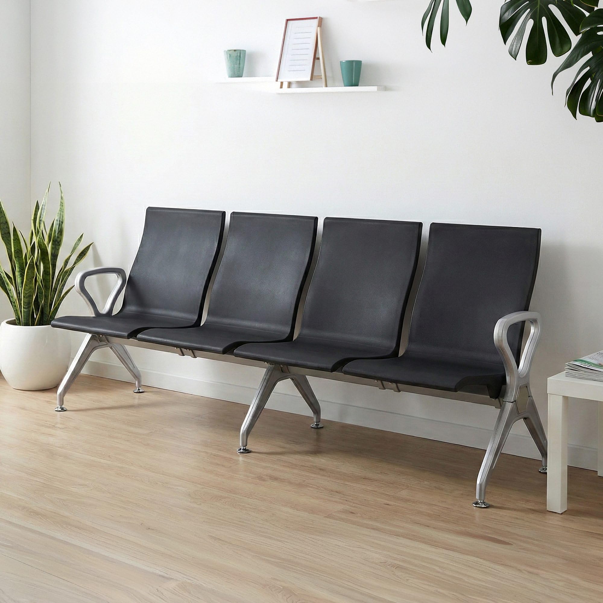 CLP Wartebank Airport-Stil Ermin, Sitzbank Flur mit Lehne, ergonomische Sitzschalen, Wartestühle mit robustem Alu-Gestell, bis 150 kg je Sitz Farbe schwarz Größe 4-Sitzer