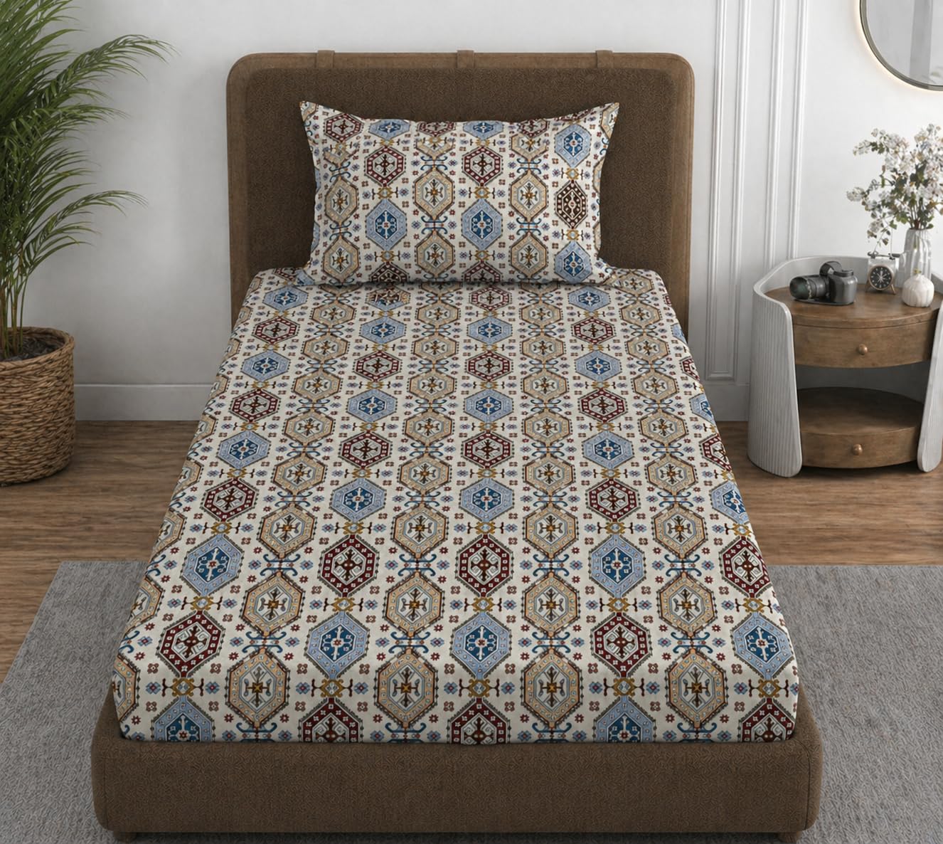 VOMZER 310 TC Cotton Feel All Around Elastic Fitted Bedsheets Single Size, Premium Fitted Bedsheets Single Size for Single Bed with 1 Pillow Covers, Size- 72” x 36” (Desert Mosaic)