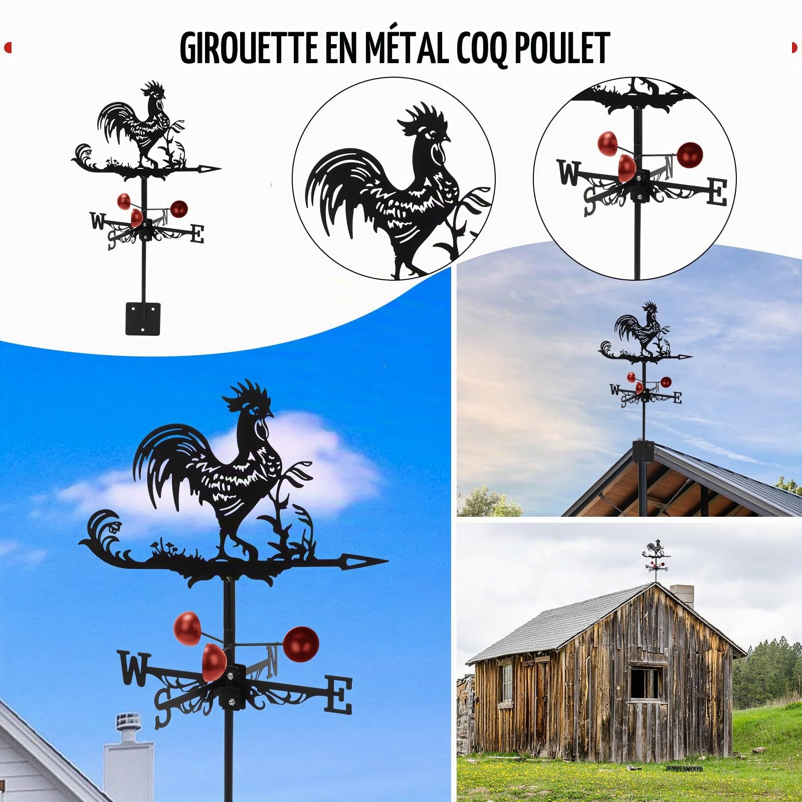 Girouette Rétro en Métal, 13x22 Pouce Girouette de Jardin Exterieur, Design de Coq Indicateur de Direction du Vent, pour Jardin et Ferme Deco Toit Exterieur (Coq)