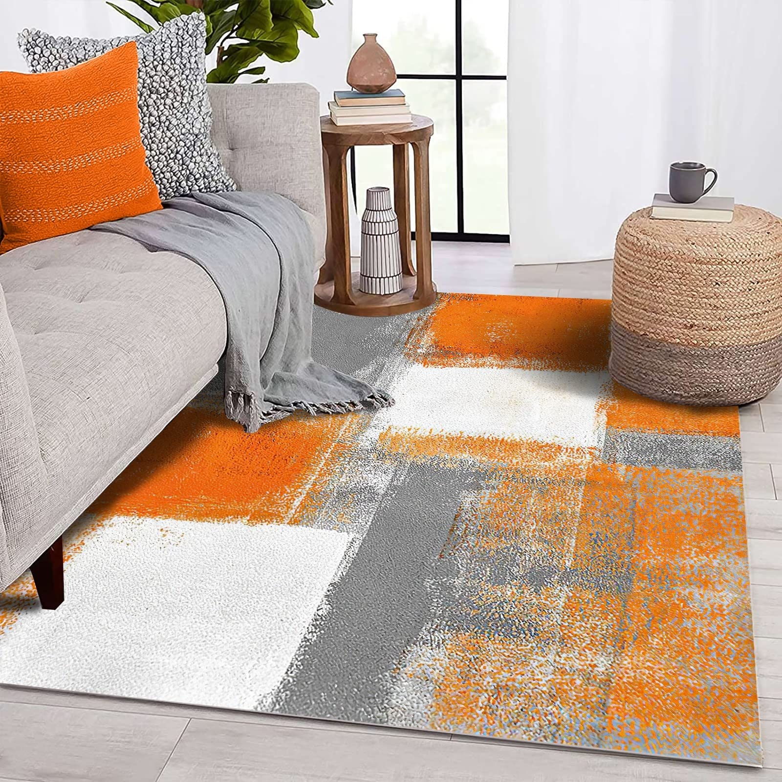 Rururug Tappeto Moderno Salotto Antiscivolo Tappeti Moderni Soggiorno Lavabile Design grigio bianco arancione 100 x 160 cm
