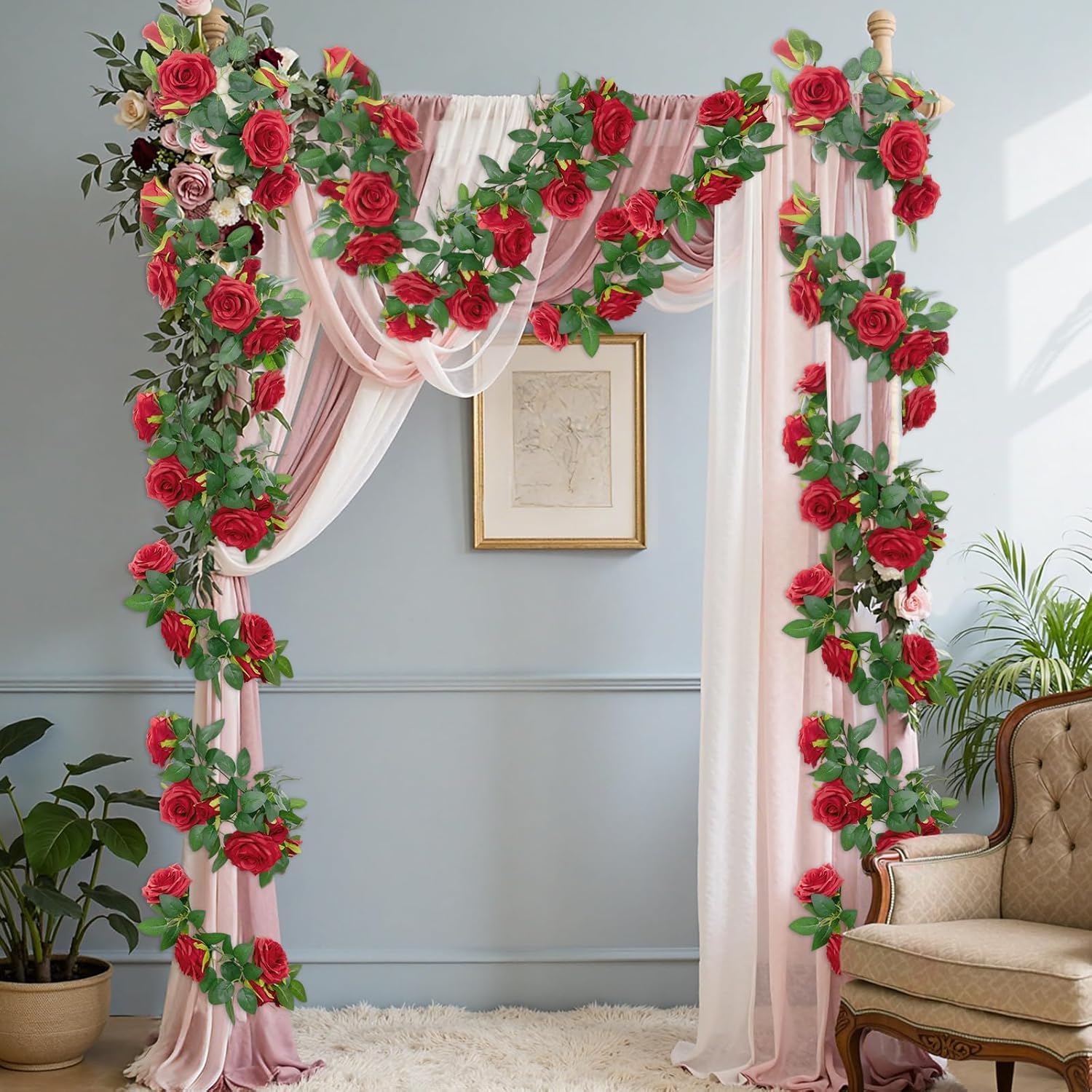 U'Artlines 5 Pack Artificial Red Rose Vines Floral Garlands Total 32.5 Ft Fake Vine Silk Flower Garland for Indoor Outdoor Home Wedding Arch Garden Wall Decoration