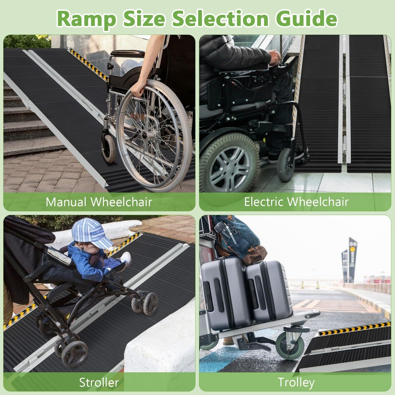 Rampa para silla de ruedas de 3 pies, 4 pies, 5 pies, 6 pies, rampa plegable de aluminio portátil con placa de transición y calcomanías reflectantes de advertencia, umbral antideslizante para