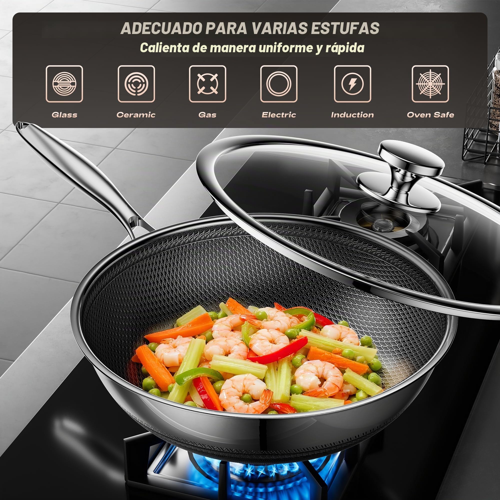 Wok antiadherente con tapa de 30 cm, wok híbrido de acero inoxidable, sartén, mango que se mantiene frío, fácil de limpiar, libre de PFAS PFOA y PTFE, apto para horno hasta 260 °C, apto para