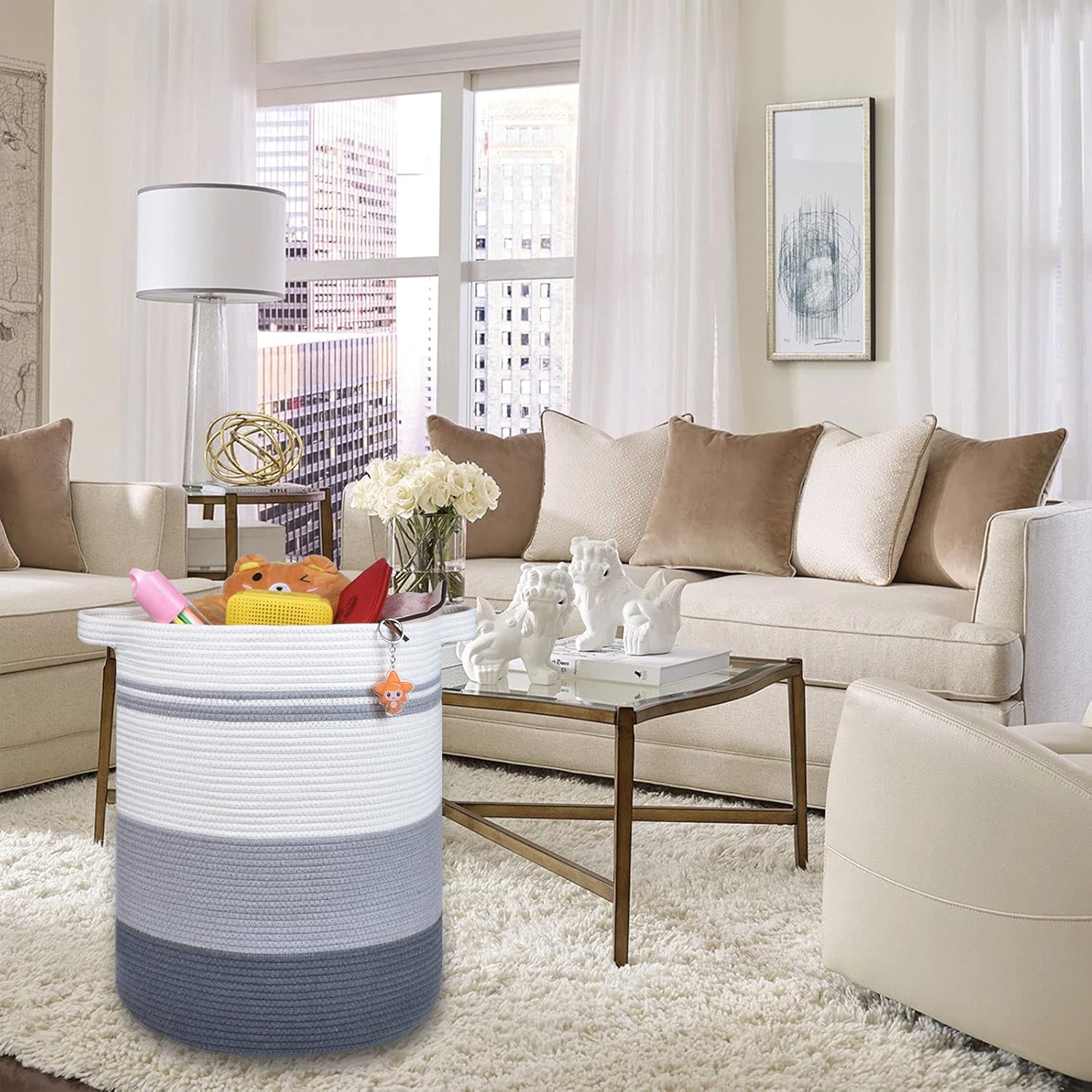 COMSE 2 Pack Tall Laundry Baskets, Tall Blanket Baskets, Laundry Hampers, Cotton Rope Baskets, Toy Baskets, Clothes Baskets, 15.7" x 21.7", Gray and Blue