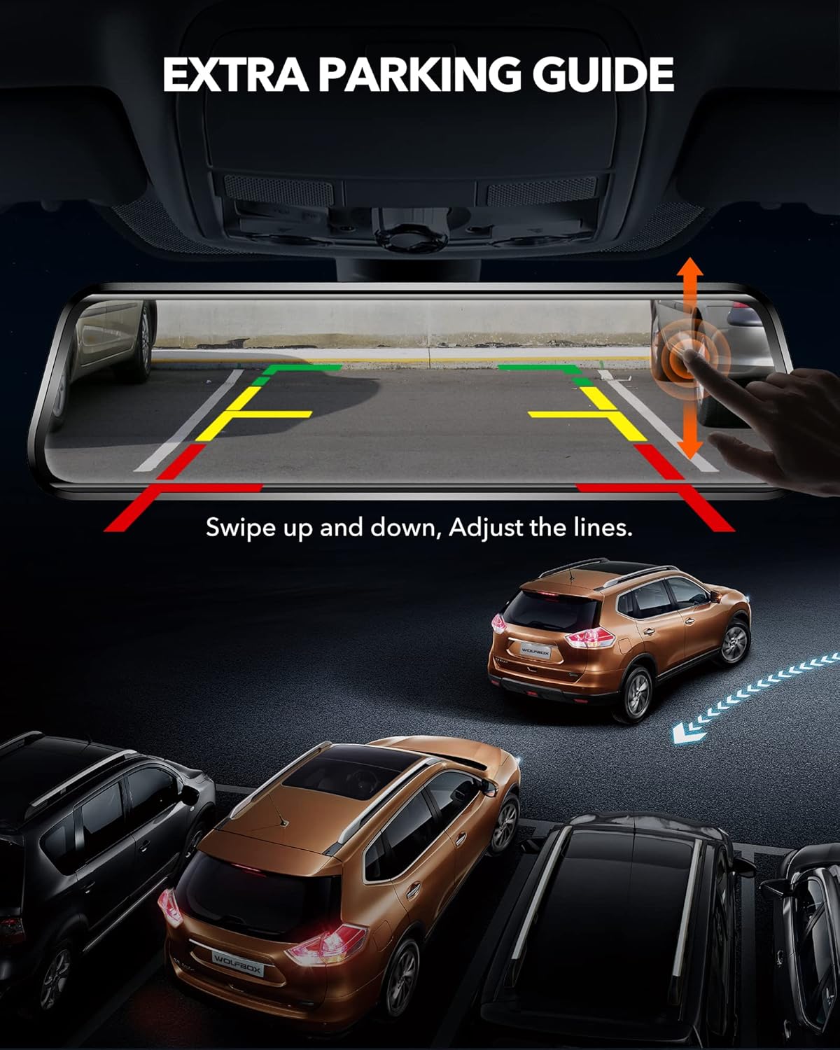 Dash cam screen showing adjustable parking assist lines