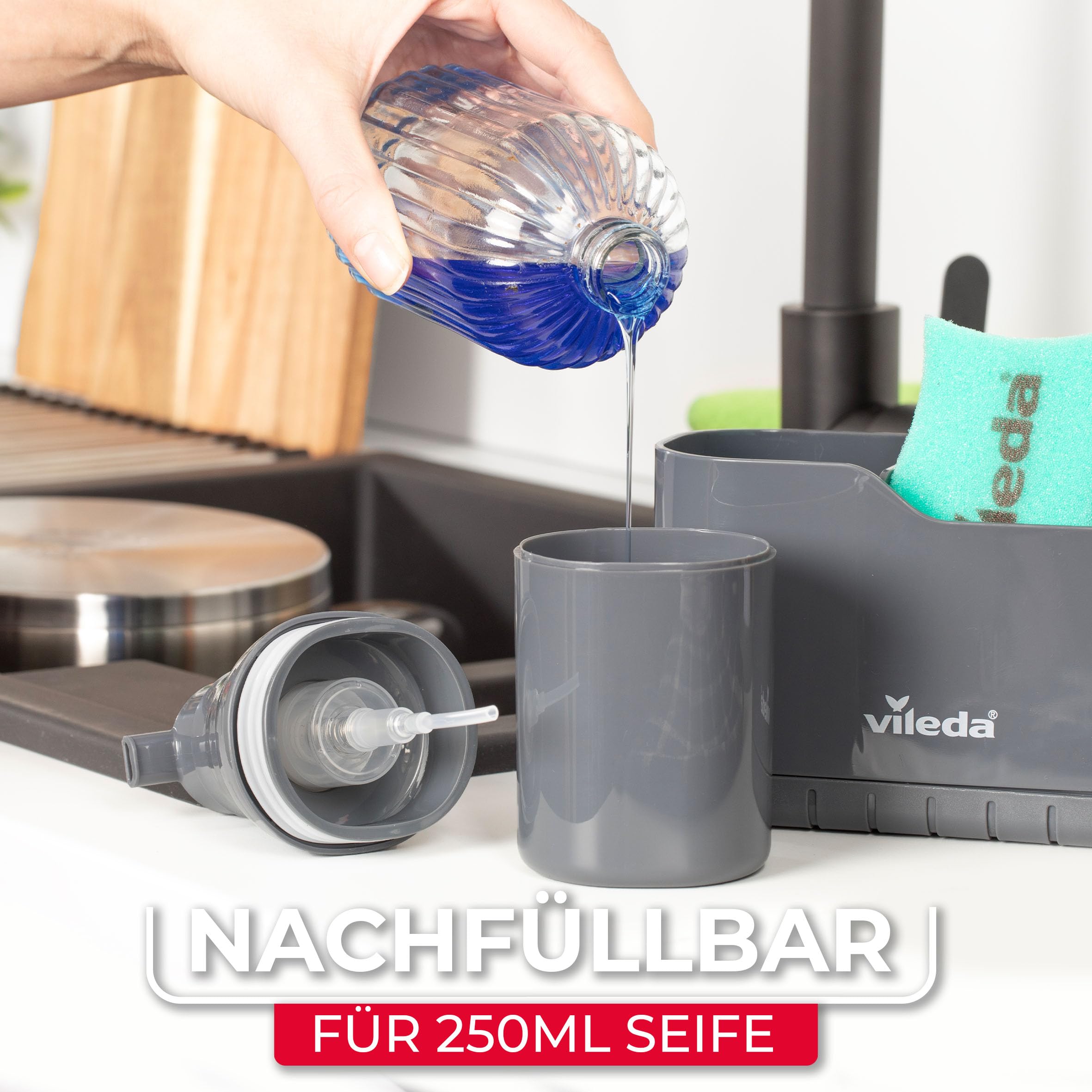 vileda Spülbecken Organizer mit Spülmittelspender Kunststoff - frei stehender Schwammhalter Küche - Spülorganizer mit Seifenspender für Schwämme & Bürsten - Langlebig & Rostfrei