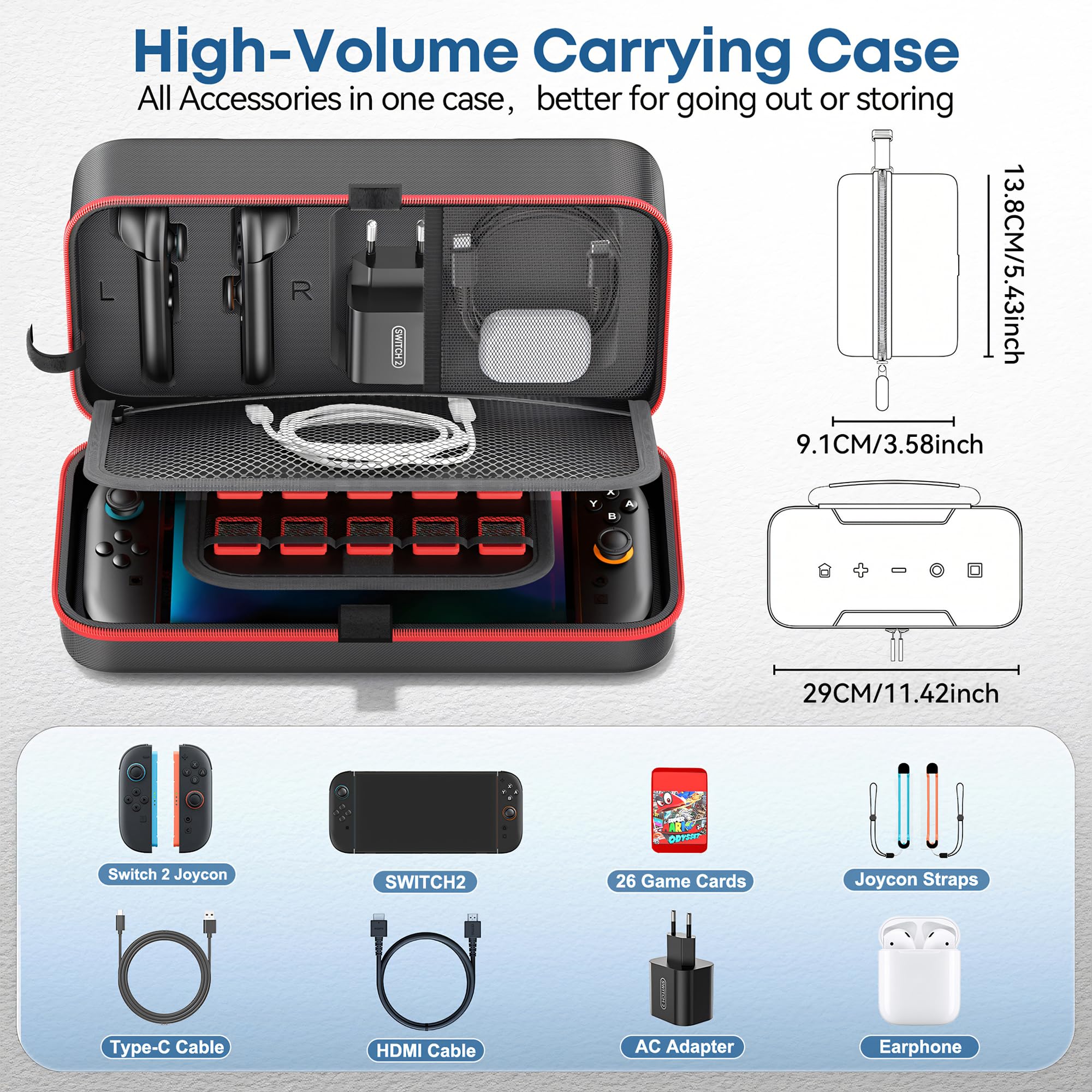 Custodia per Nintendo Switch 2025, Custodia da Viaggio Portatile per Switch 2/OLED/Original con Cinturino in Rete per Organizzare i Cavi, Case Switch 2 Rigida per Joy-Con 2 con 26 Slot Gioco, Rosso - 4