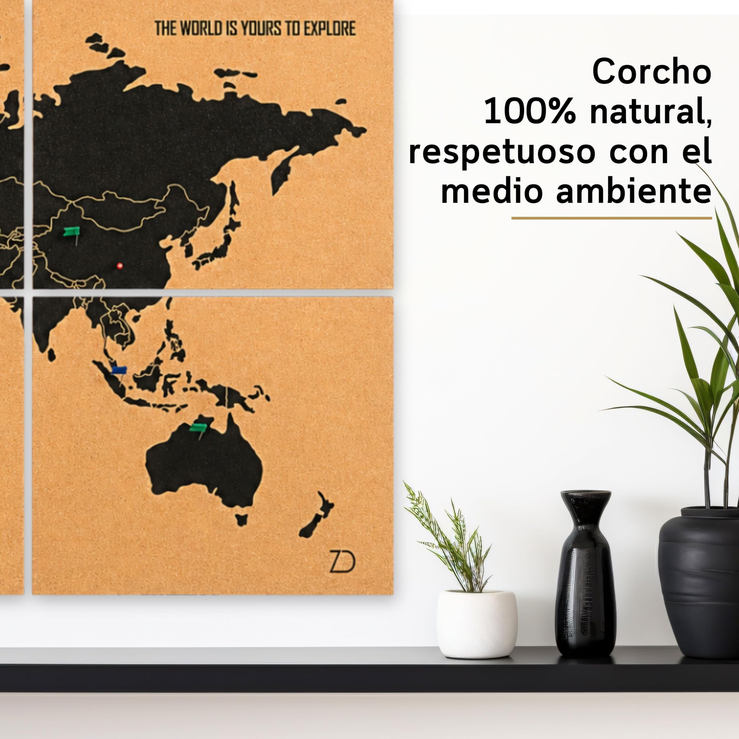 Mapa Mundi Corcho Pared XXL 120x60 cm – 6 Paneles Autoadhesivos – Mapa para Marcar Viajes con Chinchetas – 60 Chinchetas Incluidas – Decoración Hogar
