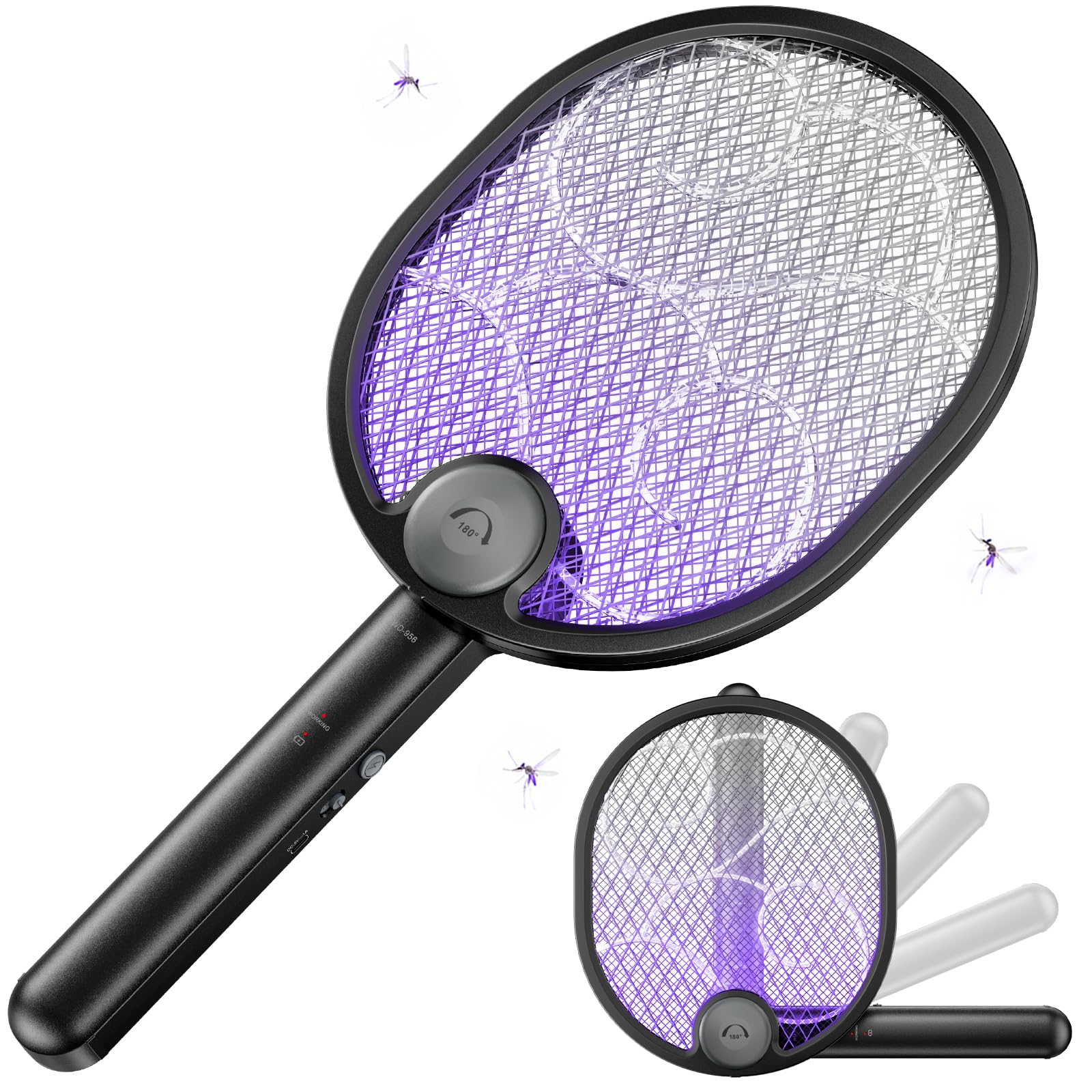 WOCVRYY Elektrische Fliegenklatsche, 4000 V, USB-C, Akku, Schwarz | 1800-mAh-Akku, UV-Licht, Hand- und Automatikmodus, fliegenklatsche elektrisch, faltbar, aufstellbar