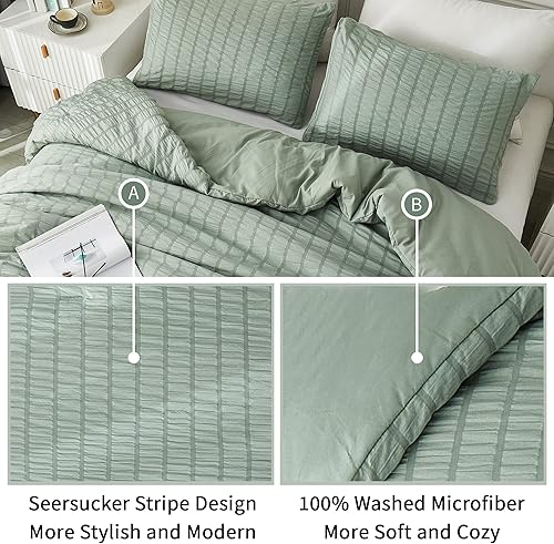 Miniatura 4 de AveLom Juego de edredón de sirsaca verde salvia tamaño Queen (90 x 90 pulgadas), 3 piezas, 100% microfibra lavada suave con 2 fundas de almohada,