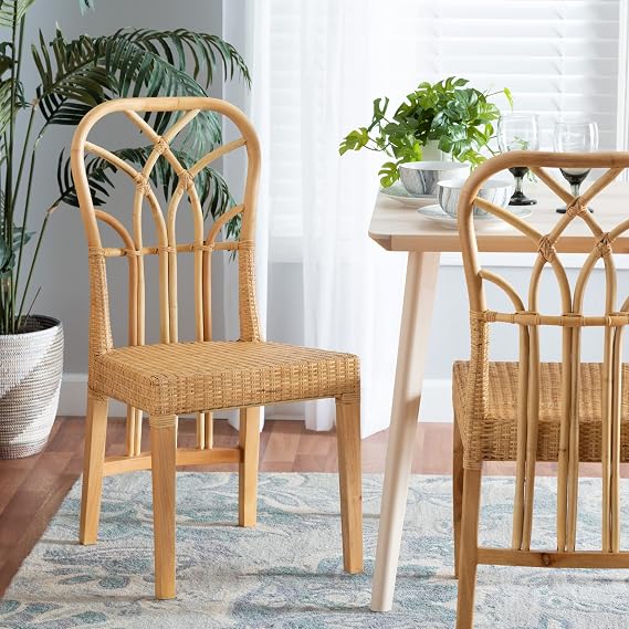 bali & pari Monaco Modern Bohemian Natural Rattan and Mahogany Wood Dining Chair