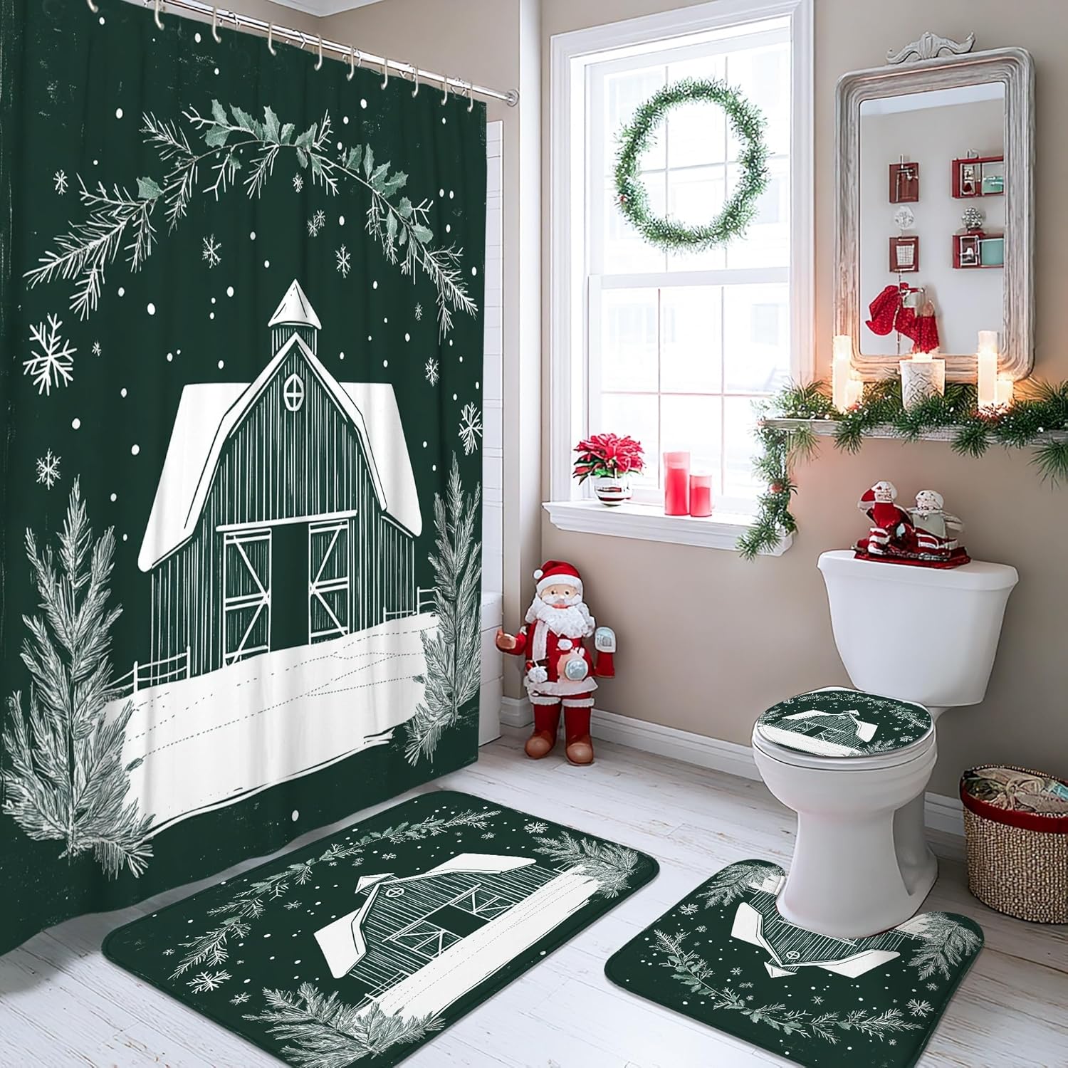 4PCS Winter Vintage Farmhouse Christmas Bathroom Sets with Non-Slip Rug, U Shape Toilet Lid Cover Mat, Retro Country Barn Xmas Bathroom Decoration 72''x72''