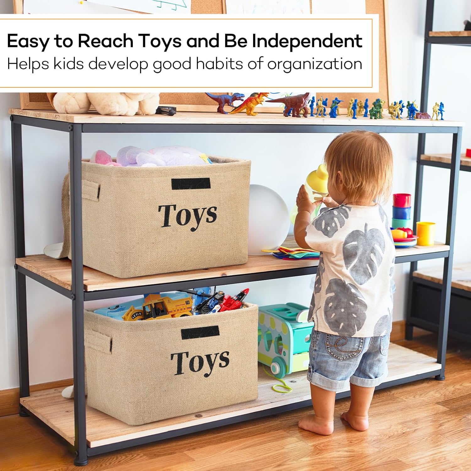 Toy Storage Box Organizer Baskets, 2 Pack Burlap Kids Toys Storage Baskets Bins with Lids & Metal Frame, Collapsible Toy Baskets for Closet Shelves, Nursery, Livingroom, Playroom, 15"x10"x9.8"