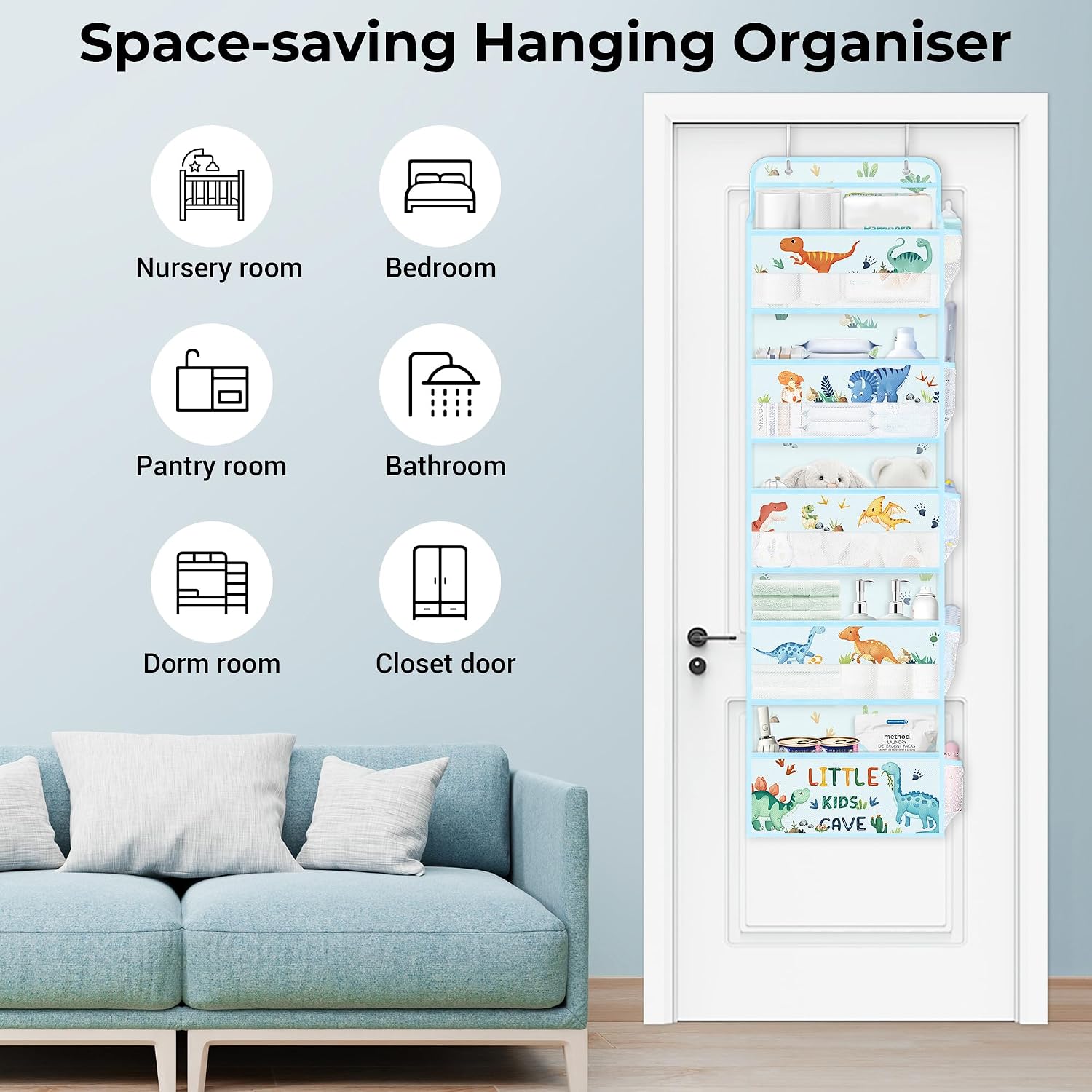 Clastyle Dinosaur Over the Door Organizer Tree Nursery Hanging Storage Organizer for Kids Clothes Diaper Toy Closet Door Hanging Shelf Storage for Bedroom Bathroom Pantry, Blue, 5-Tier
