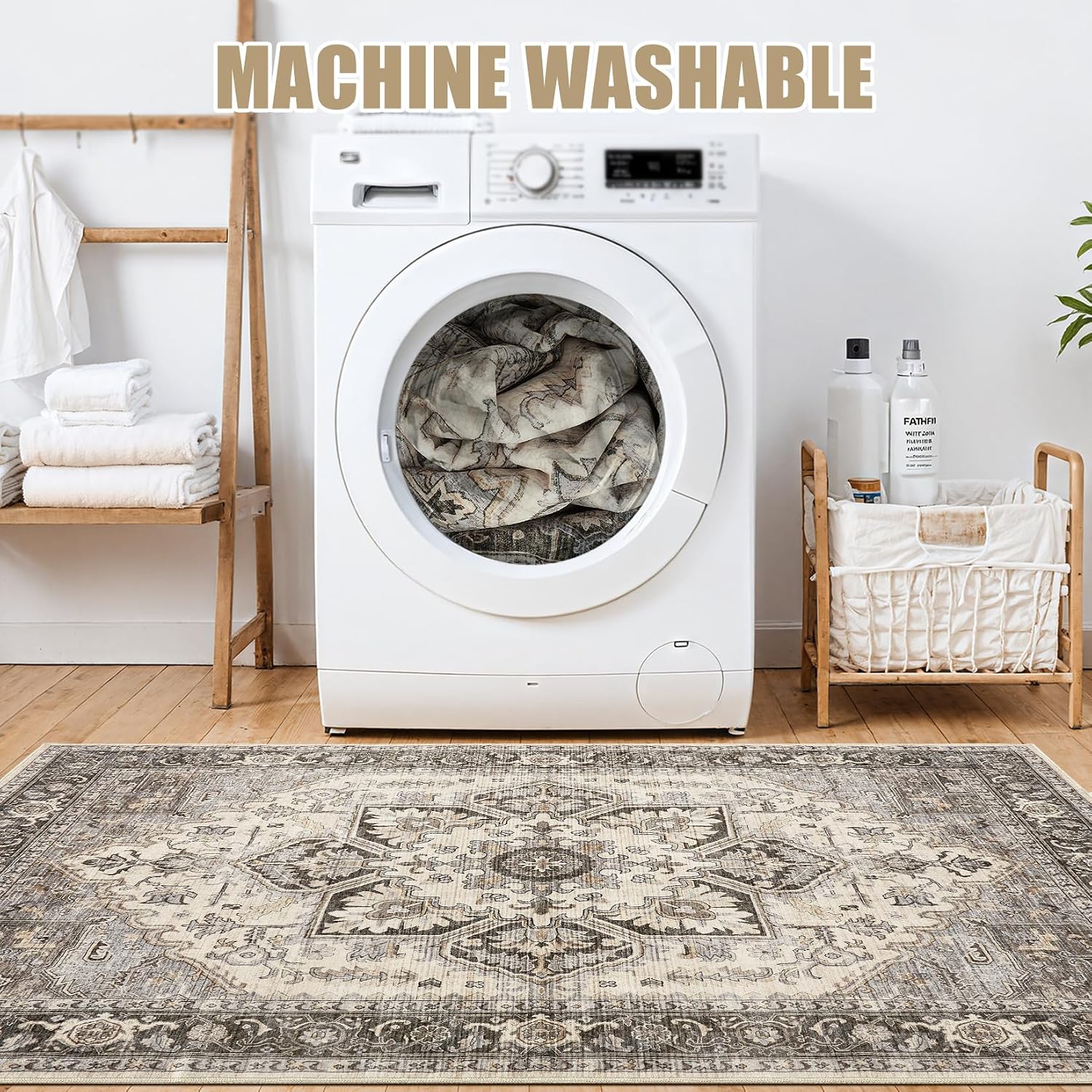 Area Rug for Living Room - 9x12 Soft Machine Washable Oriental Vintage Floral Distressed Large Indoor Floor Carpet for Bedroom Under Dining Table Home Office Decor - Grey Brown