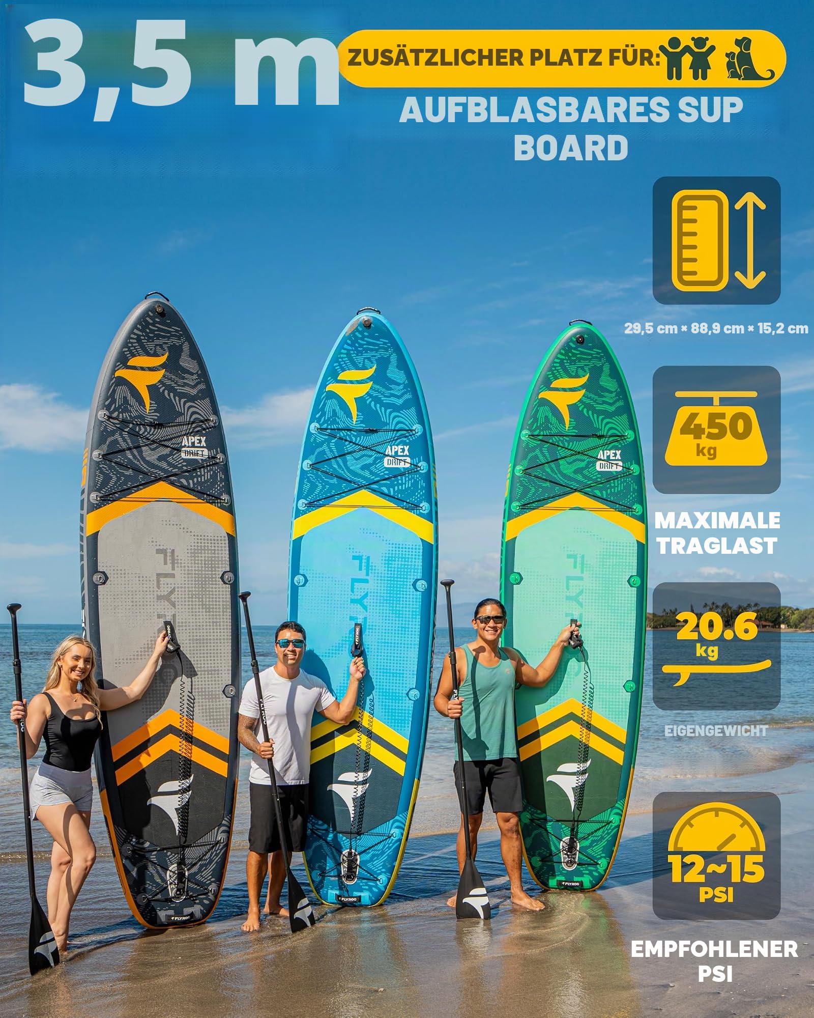 Aufblasbares Paddelbrett, extra breit, 300 kg Kapazität, Stand-Up-Paddle-Board für Erwachsene (3 Stück), stabiles aufblasbares SUP, alle Fähigkeitsstufen, 3 Griffe, 100 l Rucksack, 3 Paddel, 5