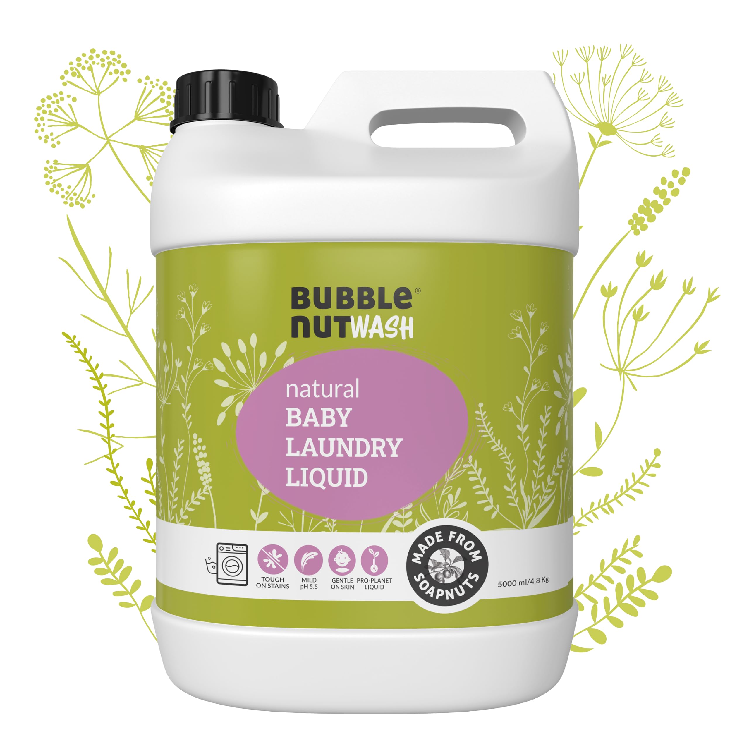 BubbleNut Wash Natural Baby Laundry Detergent Liquid (5 Litres) Organic, Baby safe, Pet friendly, Herbal - Soap nuts based, Sensitive Skin, Hypoallergenic, Ecofriendly, Biodegradable (5 Litre)