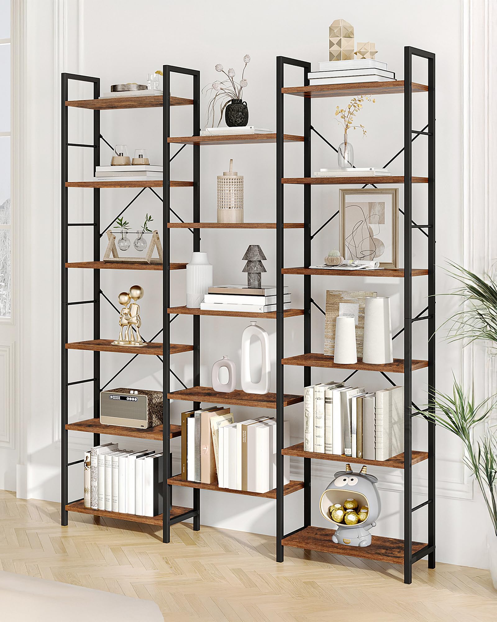 Hzuaneri 186 cm Bücherregale, Standregale, Regal mit 17 Fachböden, 6 Etagen, Verstellbarer Abstand, 24 x 152 x 186 cm, Tragfähigkeit 340 kg, Wohnzimmer, Büro, Vintage Braun-Schwarz BC10101B
