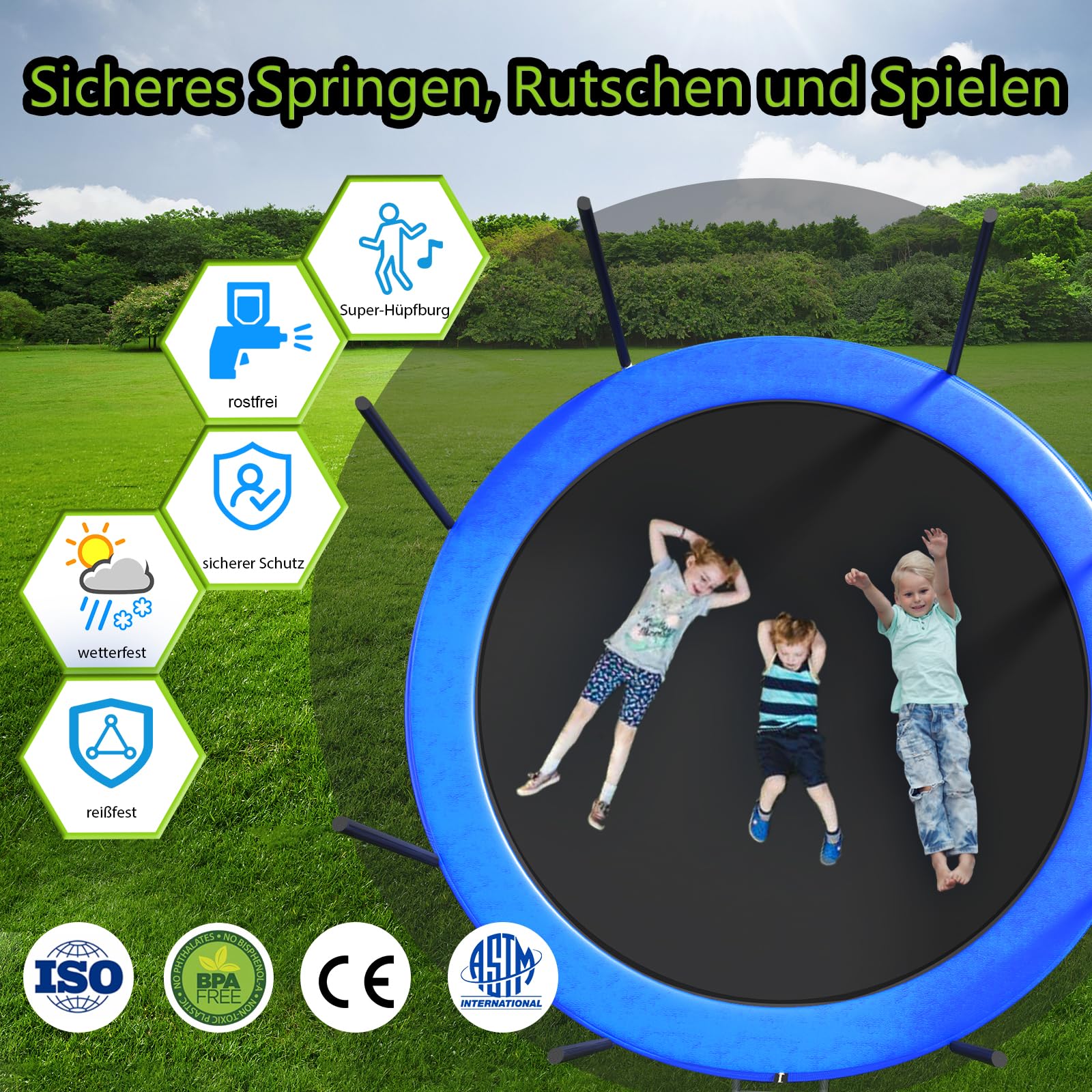 Trampolino da esterno per bambini 305 366 cm, impermeabile, design rinforzato, scala di sicurezza, capacità di carico 200-280 kg, include canestro da basket per attività ricreative in giardino