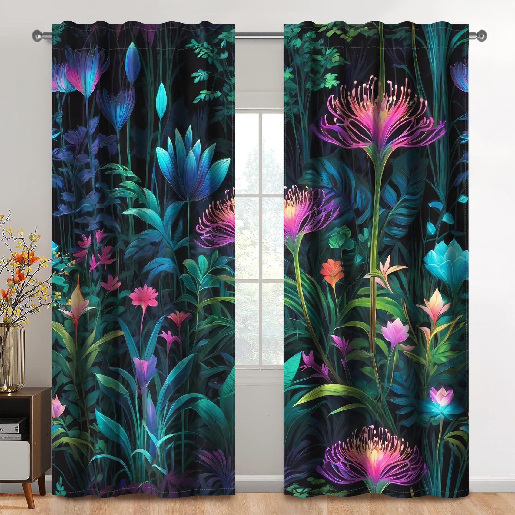 Kzzfqxb 132x214cm Botanical Painting Curtains 2 Panels, Fantasy Night Lush Plants Luminous Blooming Flowers Herbs Rod Pocket Window Drapes, Dark Color Magical Decor for Living Room Bedroom