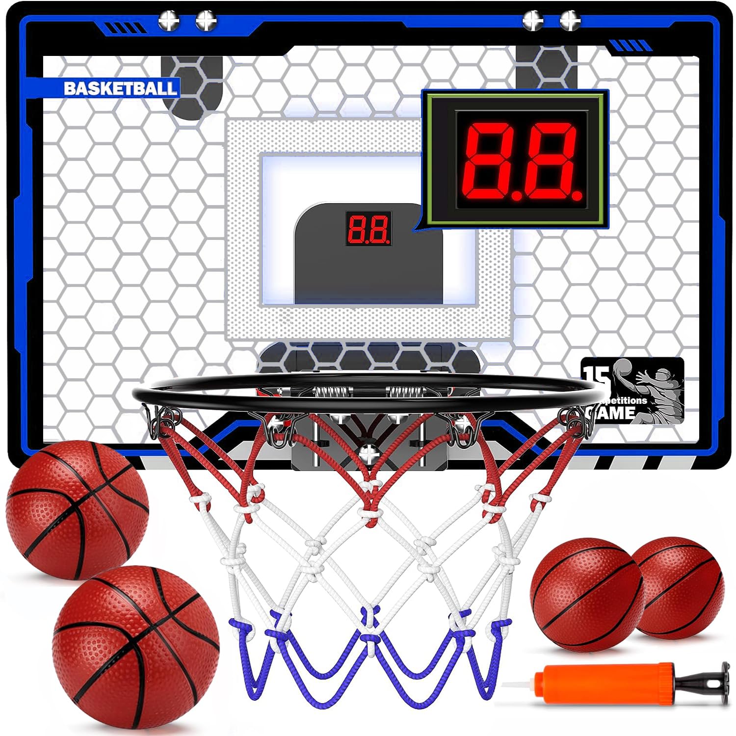 Indoor Basketball Hoop for Kids, Indoor Over The Door Mini Basketball Hoops, LED Light Mini Hoop with Electronic Scoreboard, Basketball Game Toys Gifts for 3 4 5 6 7 8 9 10 11 12+ Year Old