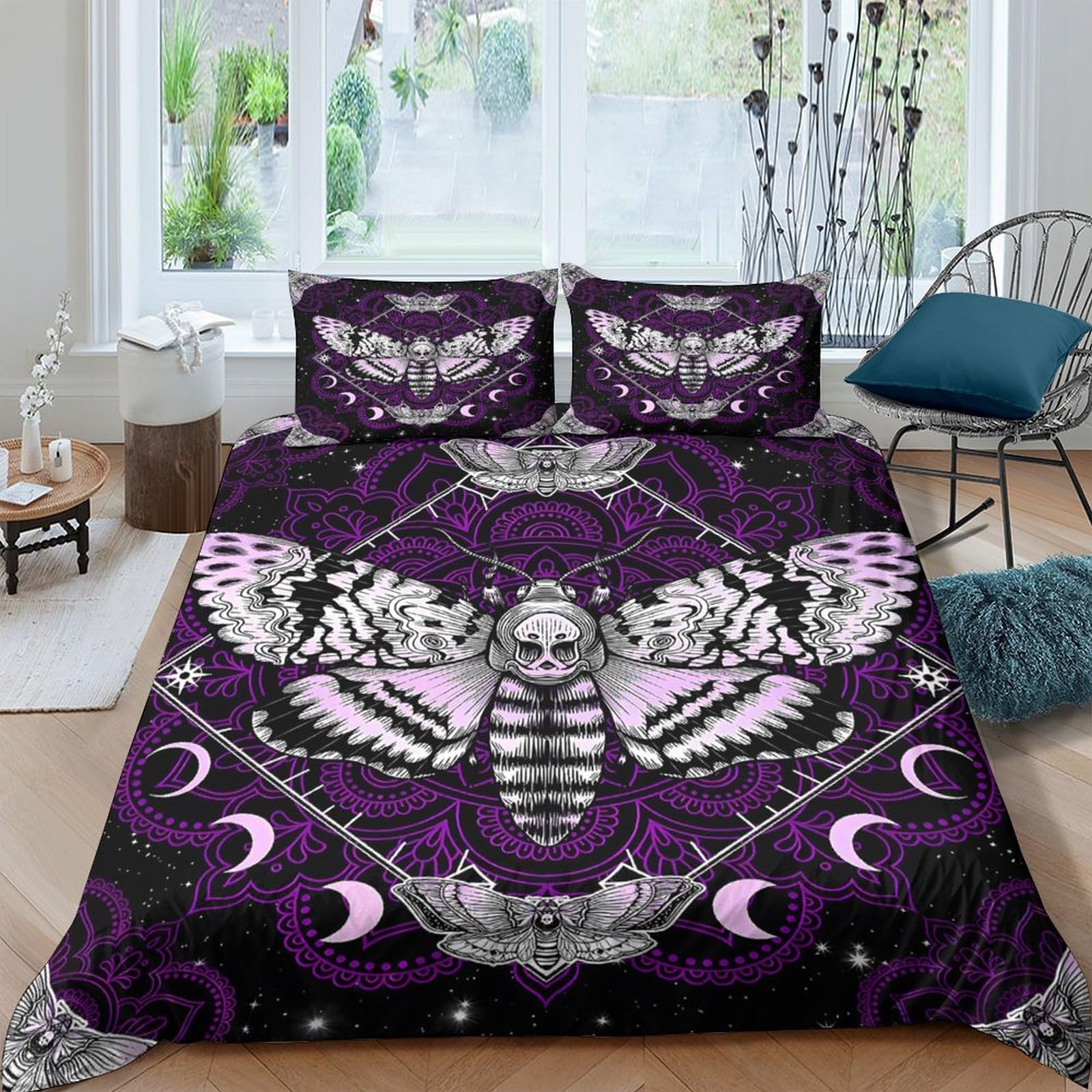 Ctjqhvkz Style-3 3D Printed Gothic Moth Fitted Sheet Microfiber Purple Moon Skull Bed Cover For Bedroom Dorm Mattress Protection Decor Single（135X200cm）