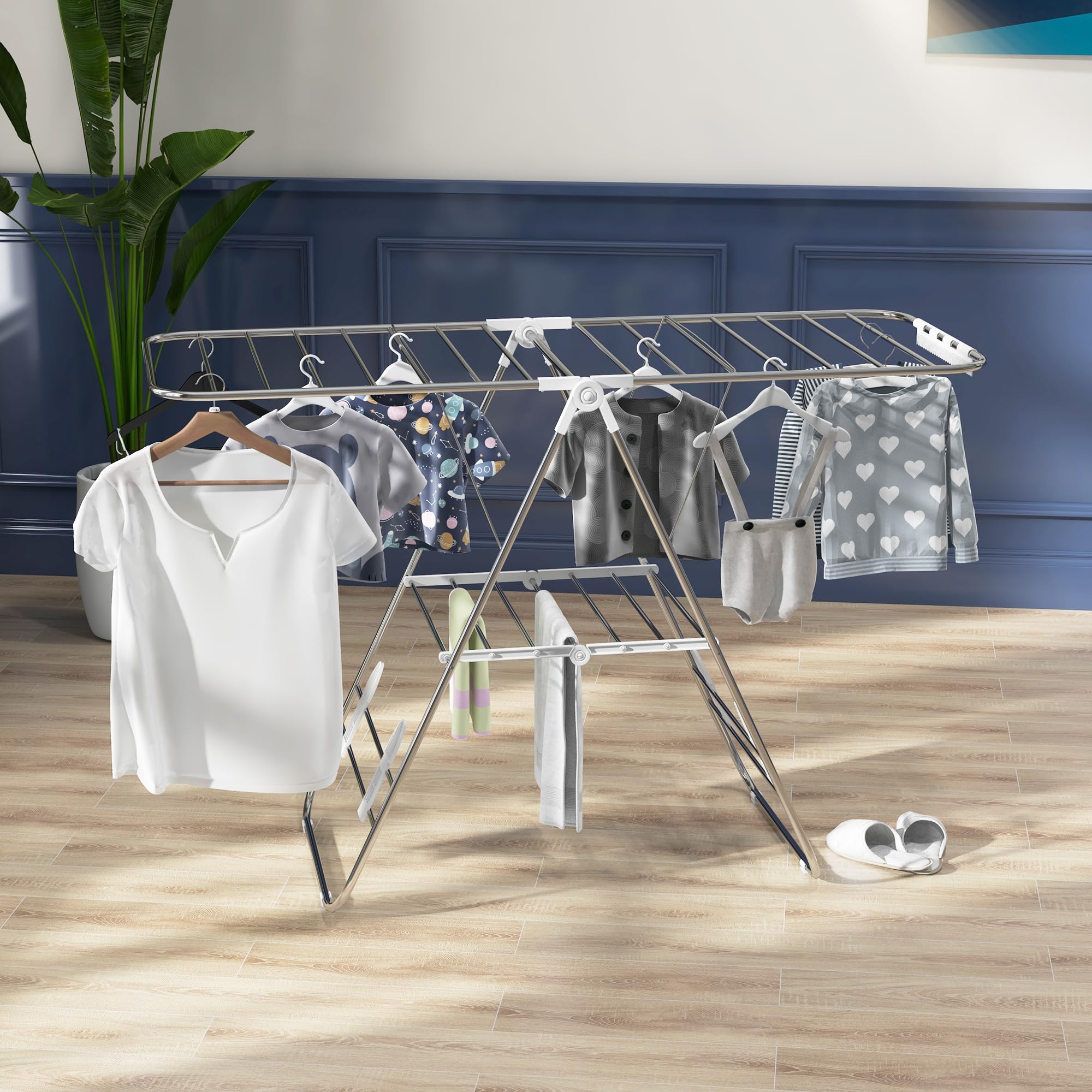 HOMCOM Séchoir à Linge sur Pieds Pliable étendoir 2 Niveaux Ajustables dim. 148L x 60,5l x 98H cm