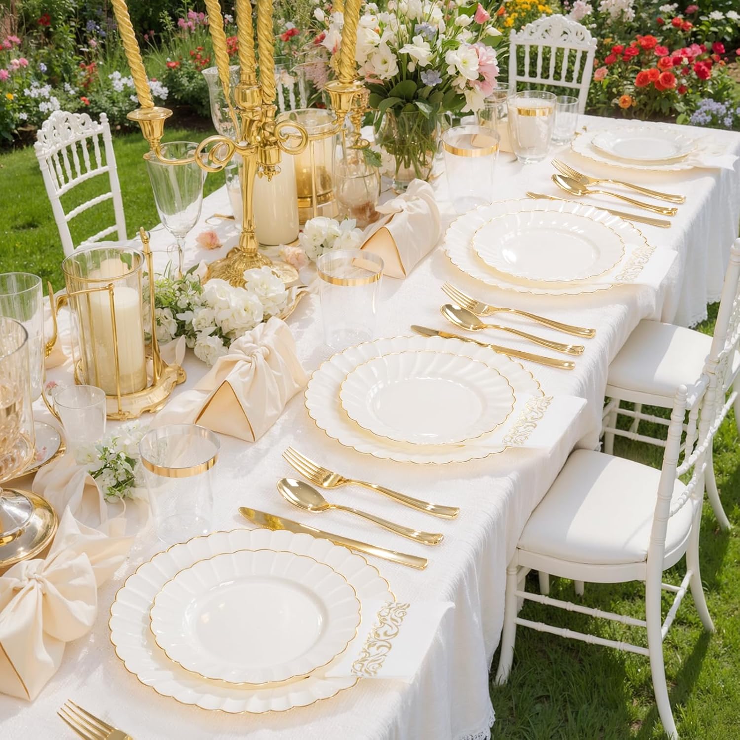 YOUBET 175PCS Ivory Scalloped Plastic Plates - Gold Disposable Dinnerware Set Include 50 Plates, 75 Gold Silverware, 25 Cups, 25 Napkins for Party & Wedding - Image 4