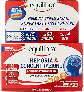 Equilibra, Memoria e Concentrazione, 30 Compresse Triplo-Strato, con Ferro, Zinco, Ashwagandha, Bacopa e Resveratrolo, Integratore Multivitamine e Minerali, Rilascio Graduale, Senza Caffeina