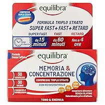 Equilibra, Memoria e Concentrazione, 30 Compresse Triplo-Strato, con Ferro, Zinco, Ashwagandha, Bacopa e Resveratrolo, Integratore Multivitamine e Minerali, Rilascio Graduale, Senza Caffeina