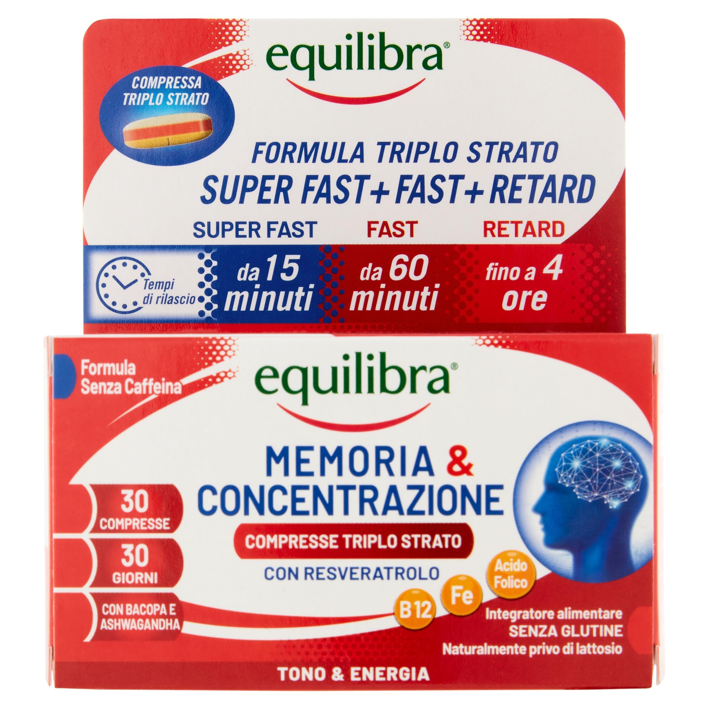 Equilibra, Memoria e Concentrazione, 30 Compresse Triplo-​Strato, con Ferro, Zinco, Ashwagandha, Bacopa e Resveratrolo, Integratore Multivitamine e Minerali, Rilascio Graduale, Senza Caffeina