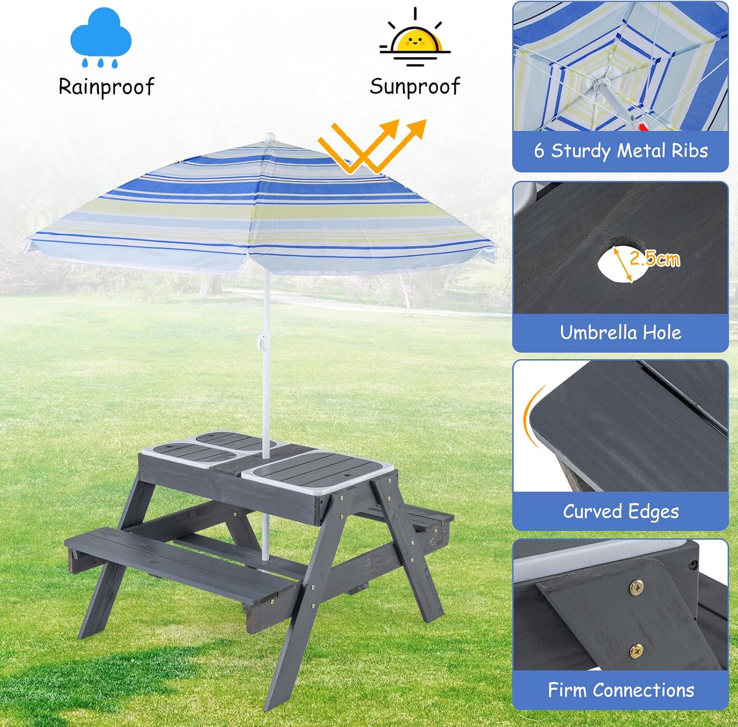 HONEY JOY Kids Picnic Table, 4 in 1 Cedar Wooden Sand & Water Table w/ 3 Removable Box & Umbrella, Kids Picnic Tables for Outdoors Backyard Garden, Toddler Patio Furniture Set for Boys Girls(Gray)