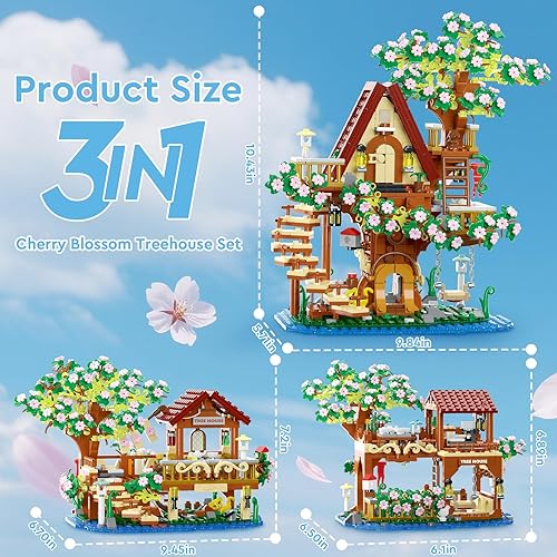 Miniatura 3 de Juego de construcción de casa de árbol de cerezo en flor 3 en 1, ideas de casa de árbol de flores para adultos, juguetes coleccionables creativos de