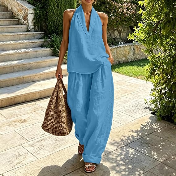 Linen Sets for Women 2 Piece Outfits Lightweight Vacation Outfits Sexy Sleeveless Deep V Tank Tops Wide Leg Pant Set