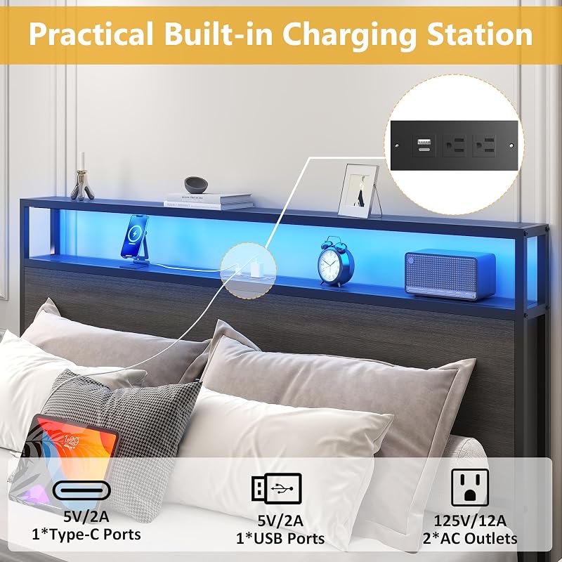 Lifezone Queen Bed Frame with 2-Tier Storage Headboard, Metal Platform Bed Frame with 4 Storage Drawers, Built in Charging Station & LED, Noise-Free/Metal Support/No Box Spring Needed, Rustic Grey image 5