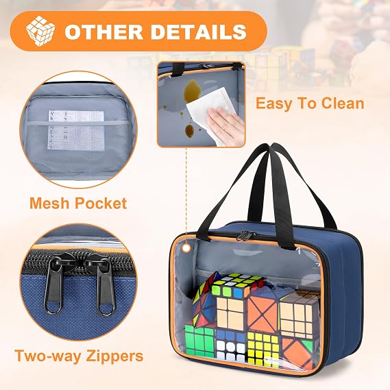 LUXJA PVC Visible Speed Cube Storage with Inner Mesh Pocket, Double Layer Storage Bag Compatible with Rubix Cube Set, Blue