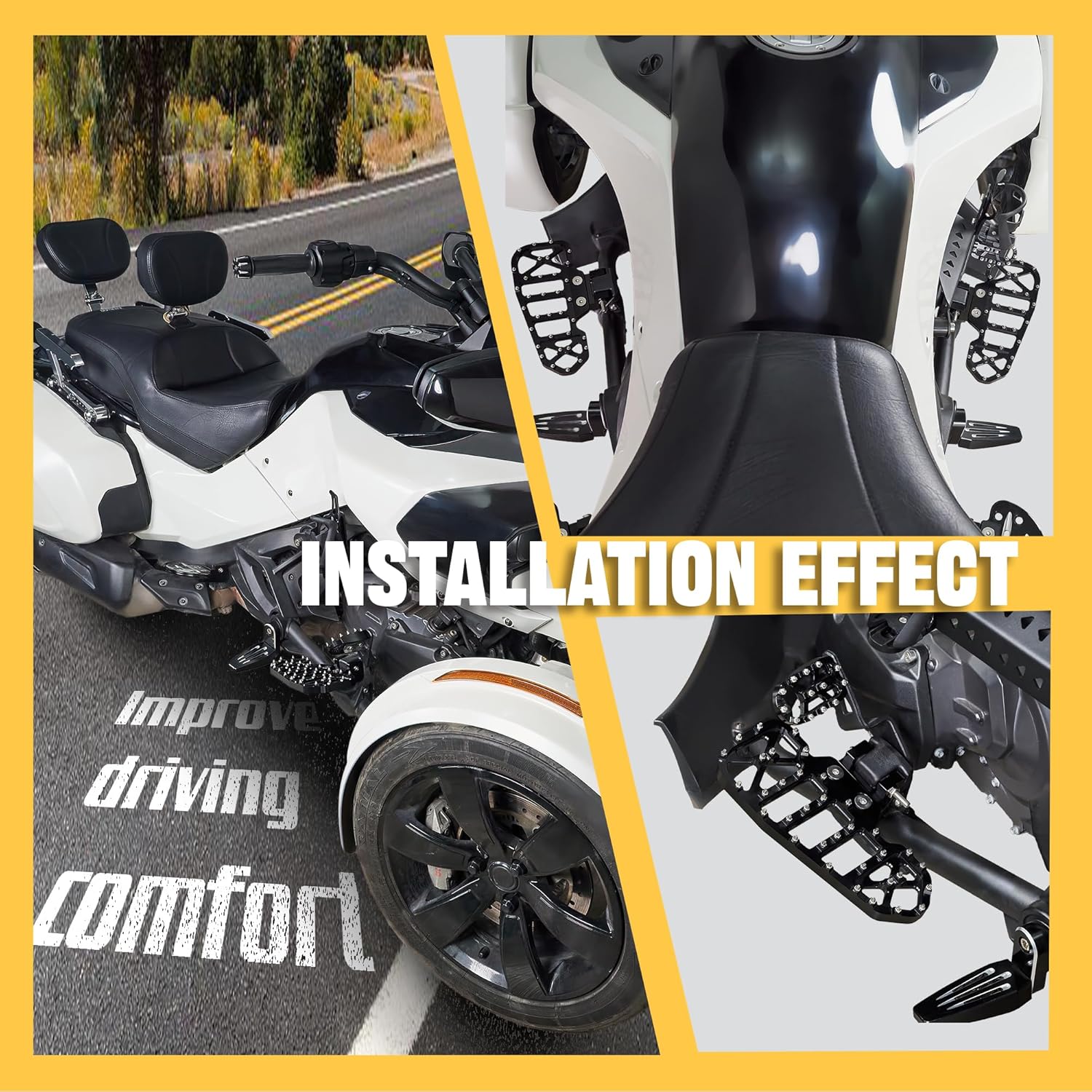 Driver Floorboards | Large Wide Rider Footrest Compatible with Can Am Spyder F3 / F3-S / F3-T (2015-2025) Accessories | Aluminum | Black (Screw Style)