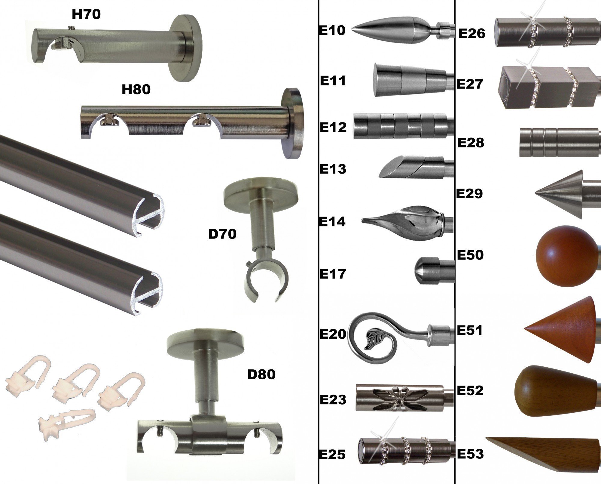 BASIT Gardinenstange Innenlauf Edelstahllook 16mm 1-läufig Decke 200cm D70 | Gardinenstangenset einläufig Deckenmontage Metall Vorhangstange Deckenhalterung 120-600cm wählbar Kappe mit Kristall E25