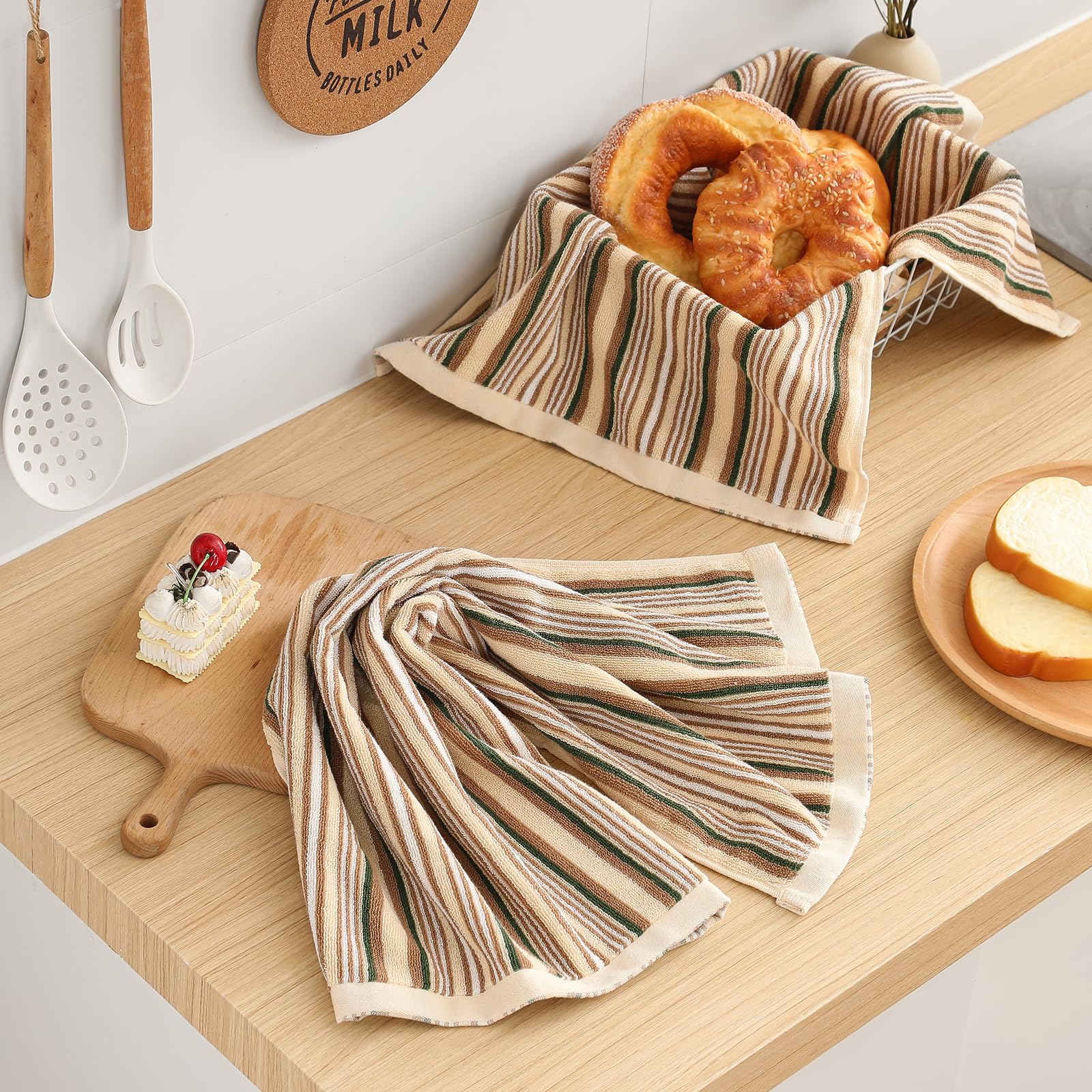 SALAS Paños de cocina de alta calidad para secar platos, paños de cocina grandes de algodón, toallas de mano de rizo a rayas, juegos de toallas de cocina gruesos altamente absorbentes con lazo para