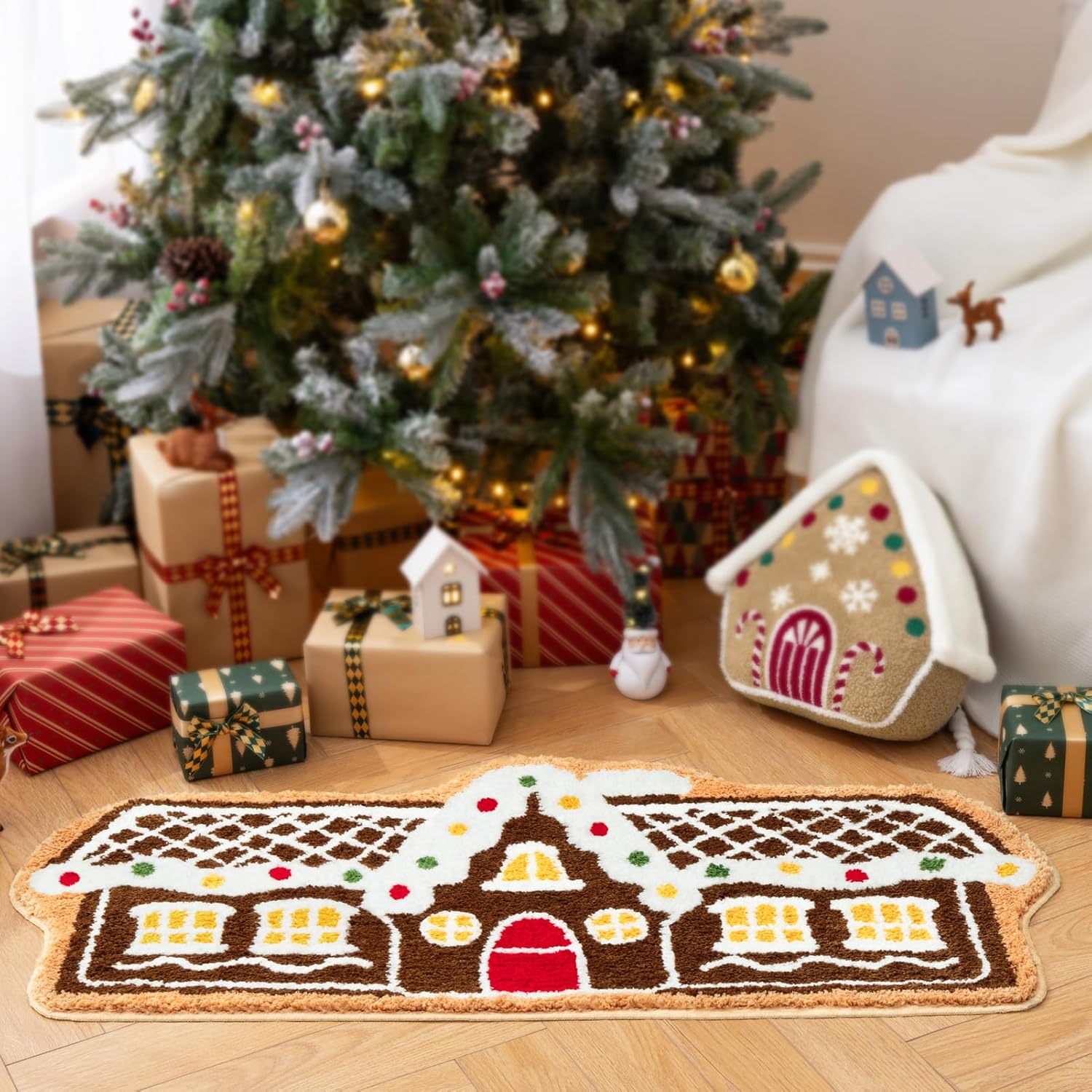 Phantoscope Christmas Rug, Gingerbread House Shaped Area Rug, Non-Slip Ultra Soft Microfiber Door Mat Plush Christmas Decorative Rug for Living Room Bedroom, Beige, 20 x 47 inches