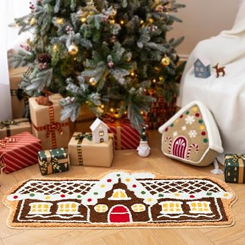 Phantoscope Christmas Rug, Gingerbread House Shaped Area Rug with Embroidered Colored Lights, Non-Slip Soft Microfiber Door Mat Plush Christmas Rug for Living Room Bedroom, Coffee, 20 x 47 inches