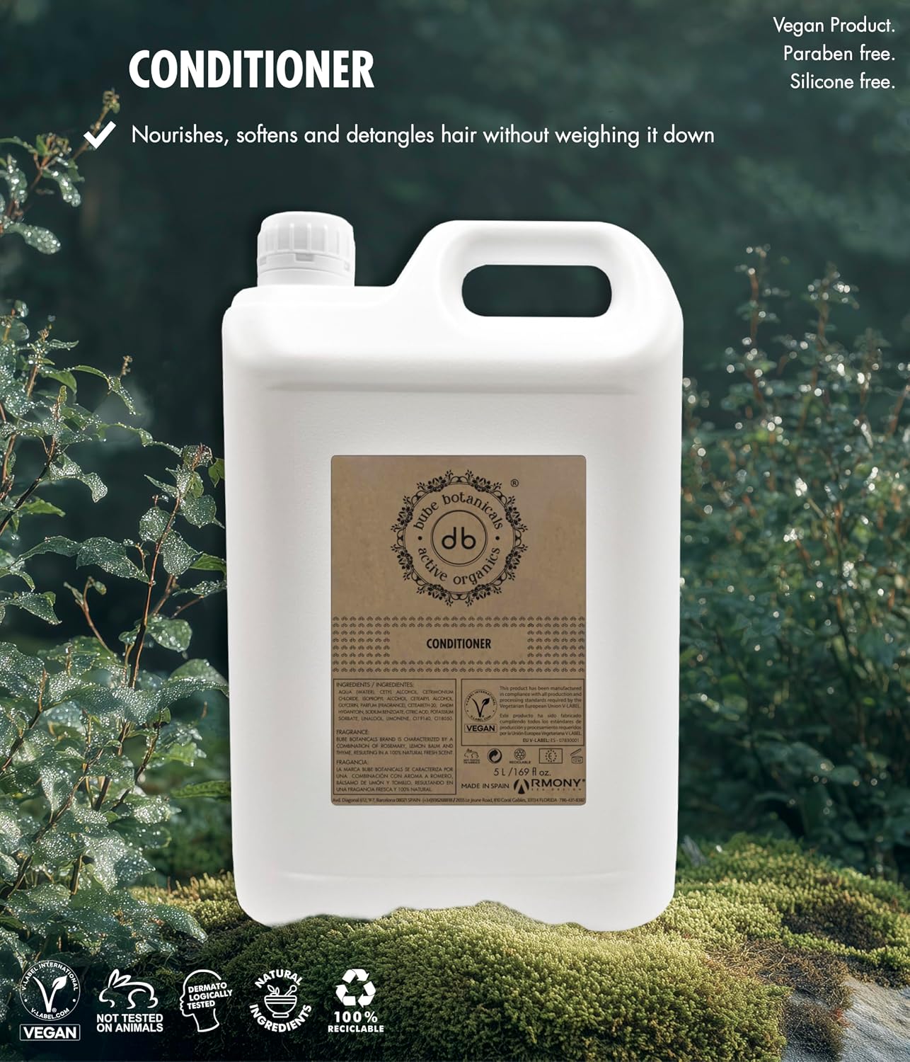 Hair Conditioner, Detangles and Revitalizes, Fresh Scent of Rosemary, Lemon and Thyme, 100% Natural, Certified Vegan Product, Ideal for Homes and Hotels, 5 l
