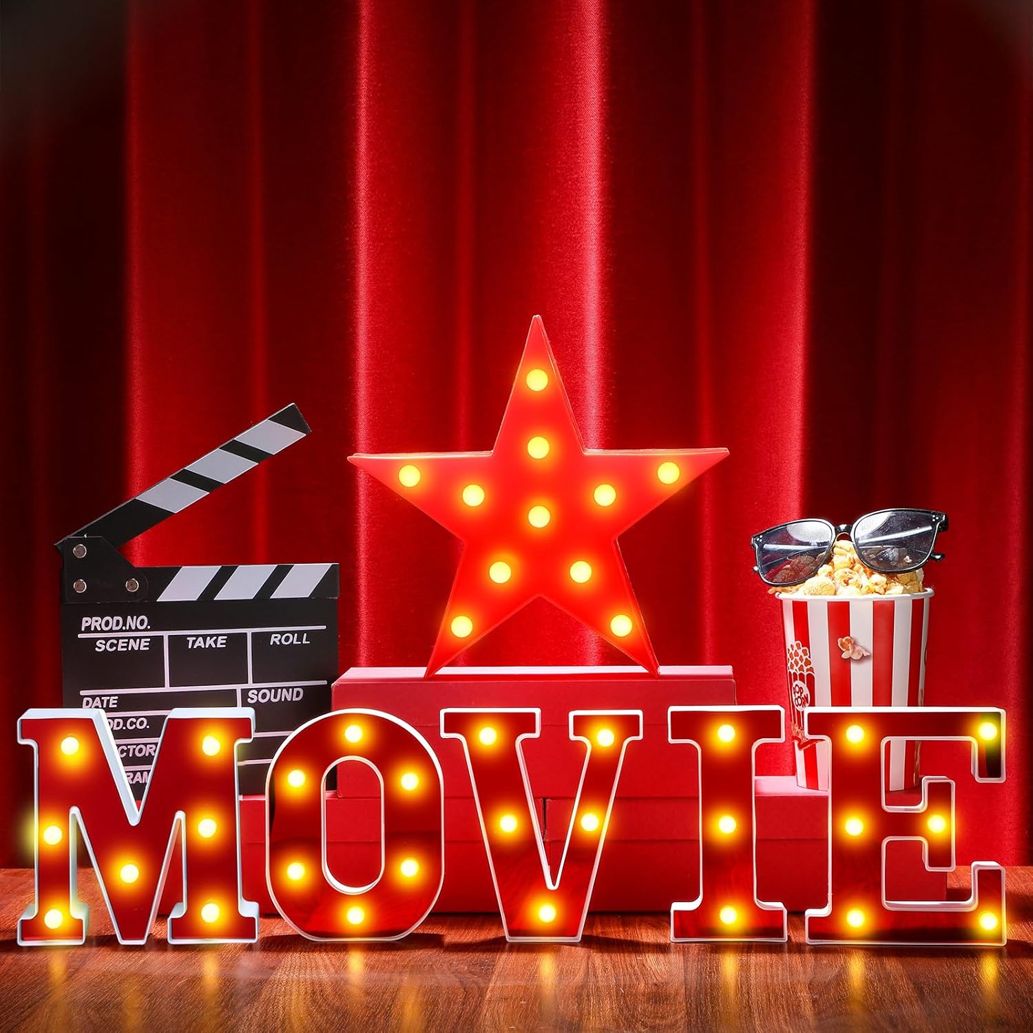 7 Pcs 6.3" Movie Light up Letters Sign LED Movie Night Party Decorations Include Theater Letters Film Clap Board and Marquee Star Sign for Party Photo Props Table Centerpieces(10'' Height)