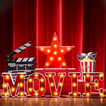 Aurelema 7 Pcs 6.3" Movie Light up Letters Sign LED Movie Night Party Decorations Include Theater Letters Film Clap Board and Marquee Star Sign for Party Supplies Photo Props Table Centerpieces Decor