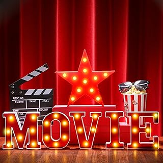 7 Pcs 6.3" Movie Light up Letters Sign LED Movie Night Party Decorations Include Theater Letters Film Clap Board and Marquee Star Sign for Party Photo Props Table Centerpieces(6.3'' Height)